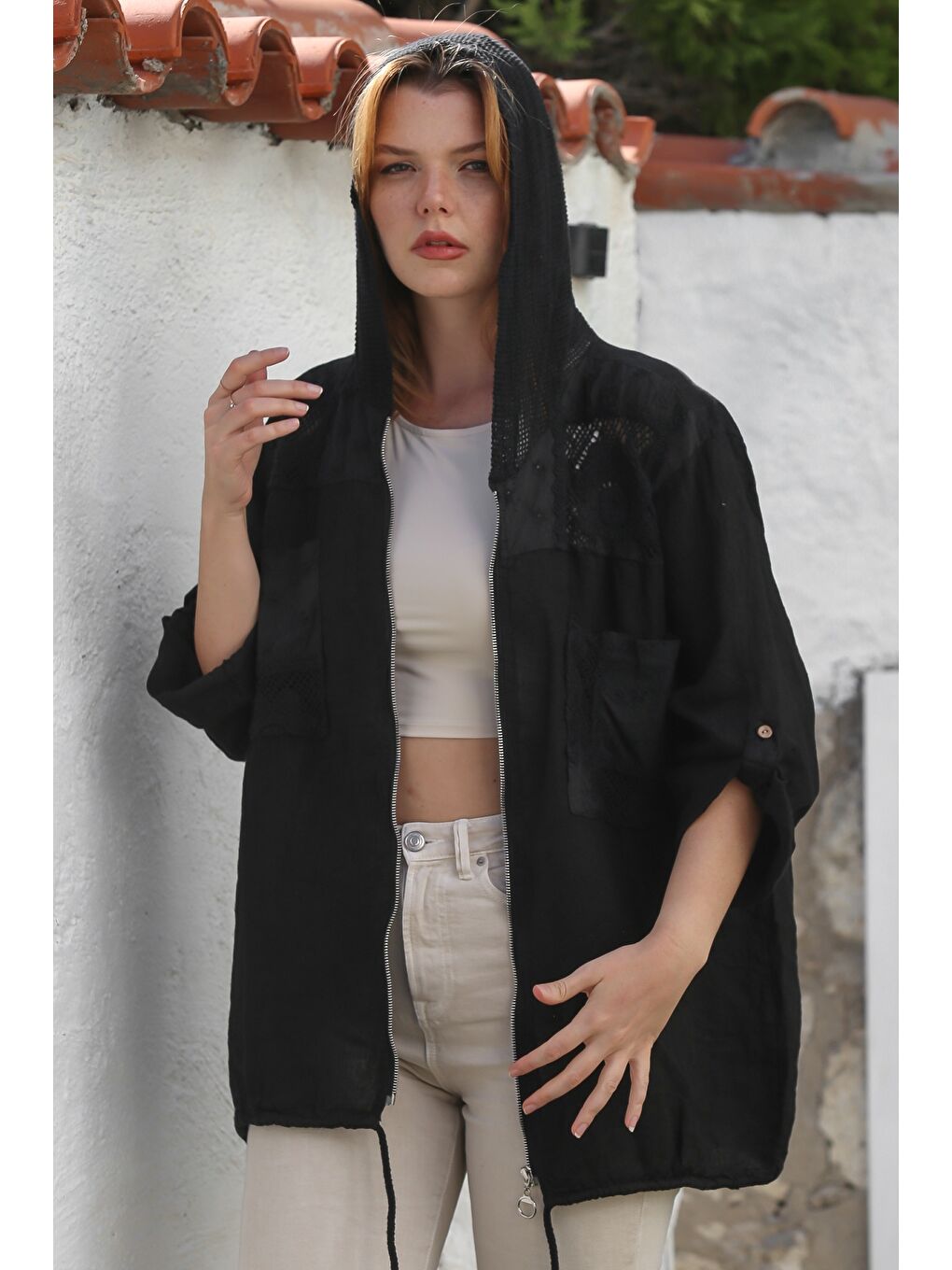 İtalyan Siyah Kapüşonlu Düğmeli Uzun Kollu Fermuarlı Cepli File Detaylı Keten Dokuma Ceket 75 65-2