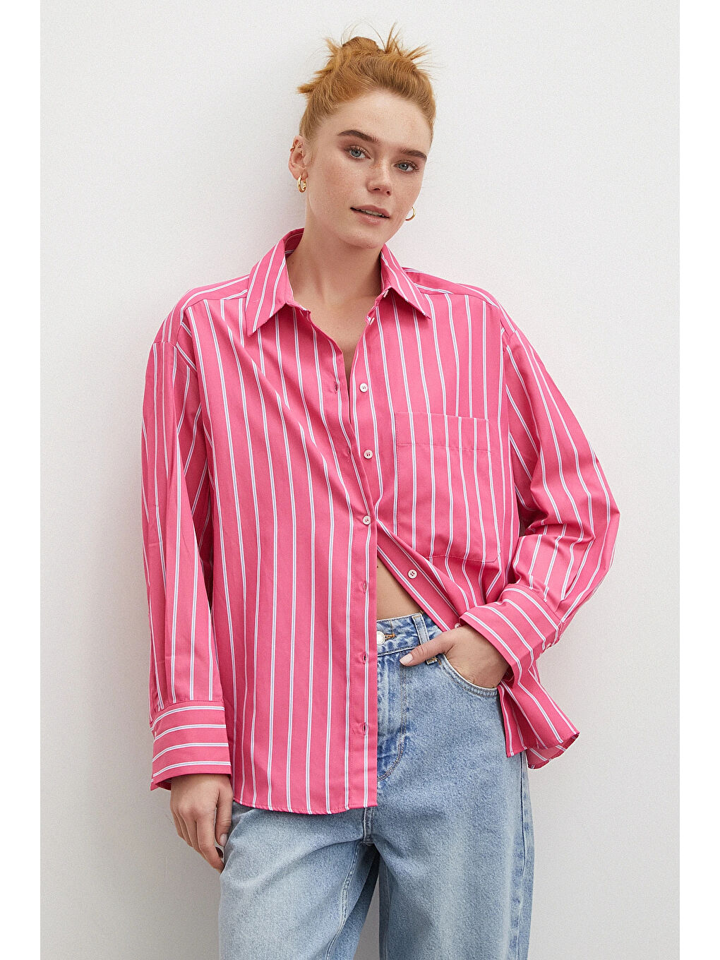 Çizgili Poplin Gömlek Pembe-3