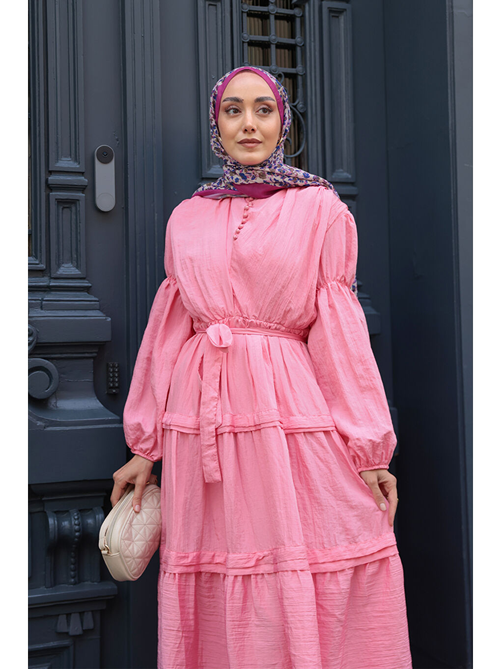 Kadın Kolu Lastik Detaylı Elbise Pembe-3