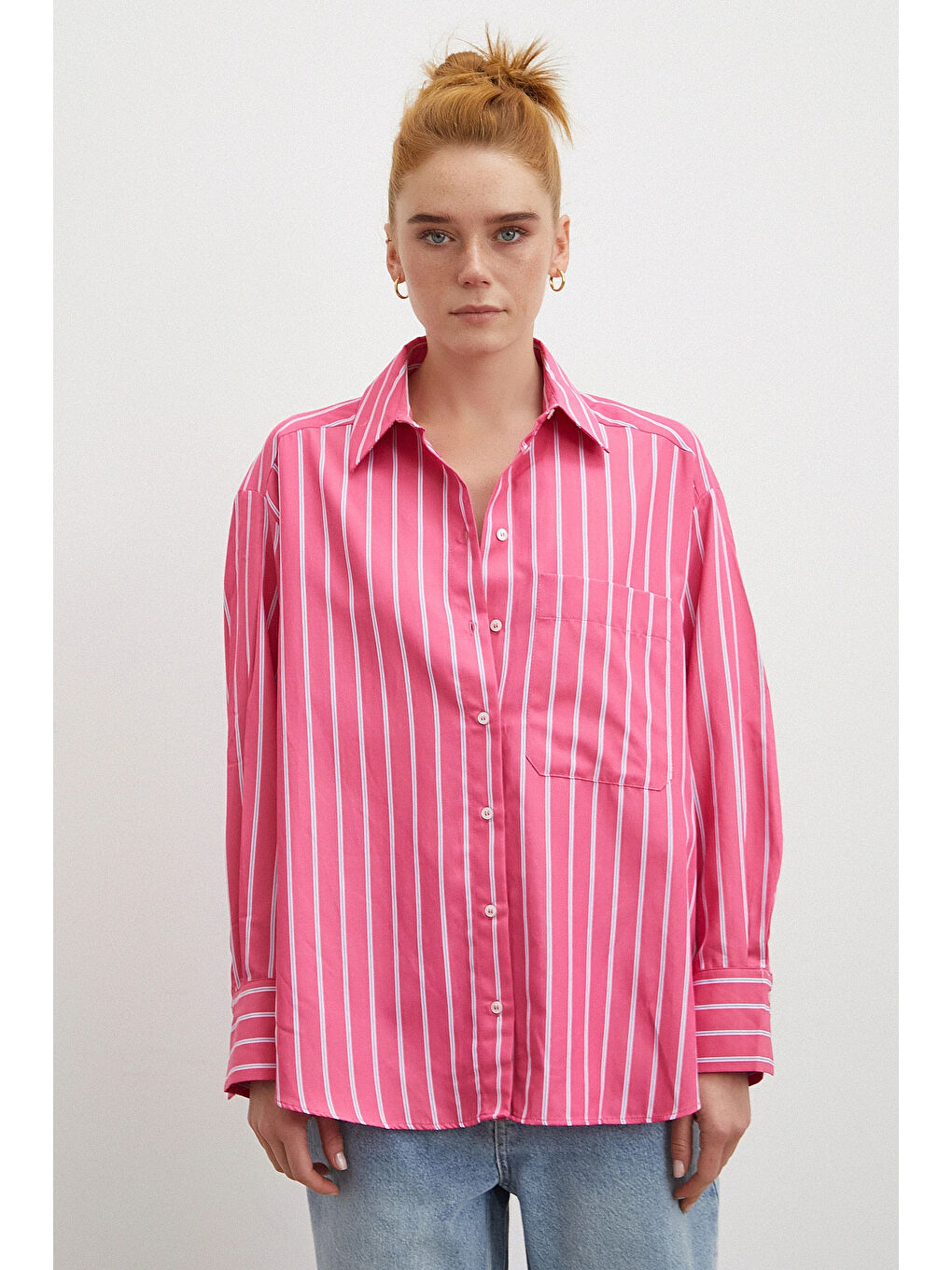 Çizgili Poplin Gömlek Pembe-4