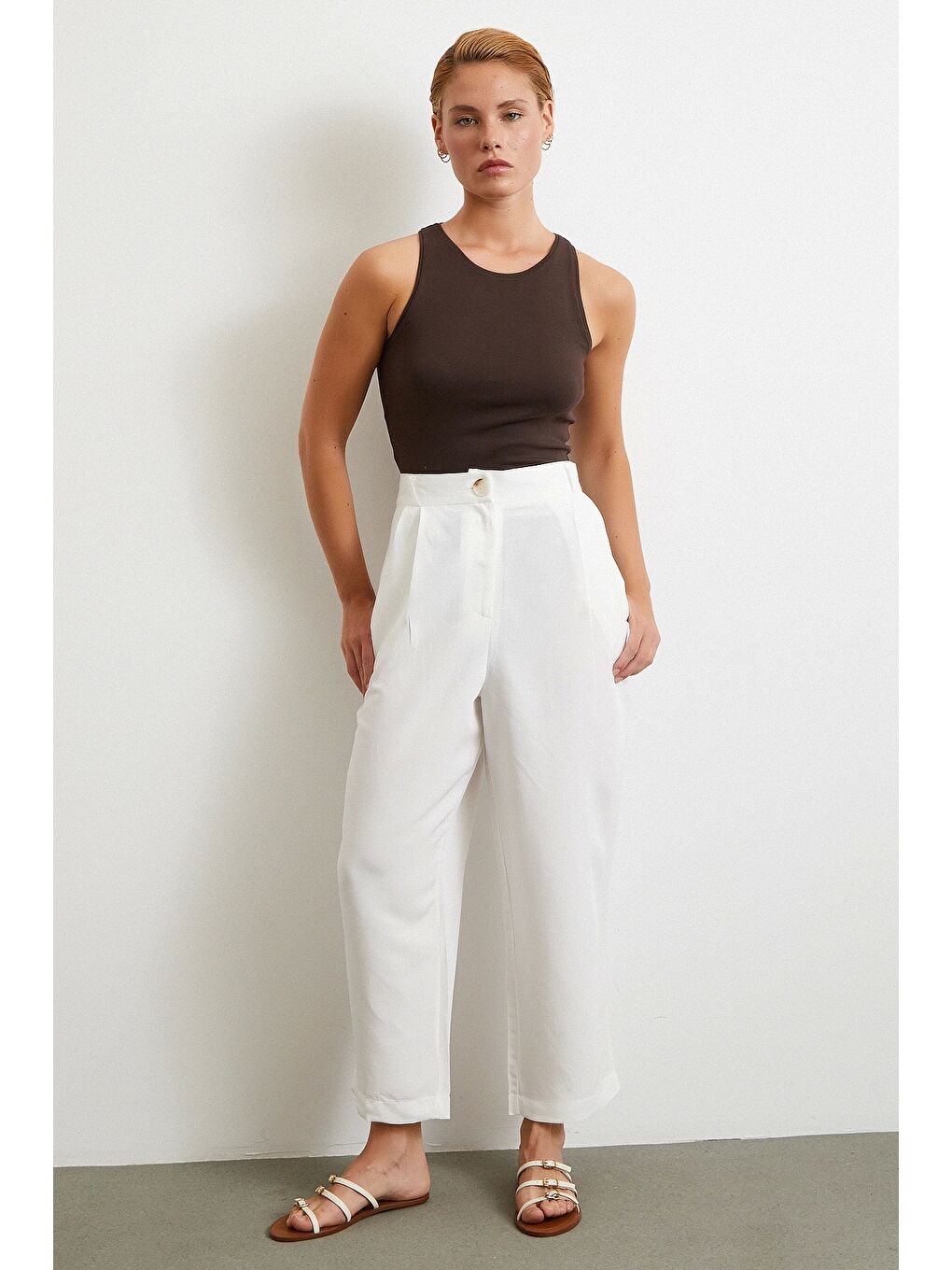 Ekru Çift Pileli Keten Pantolon Krem-1