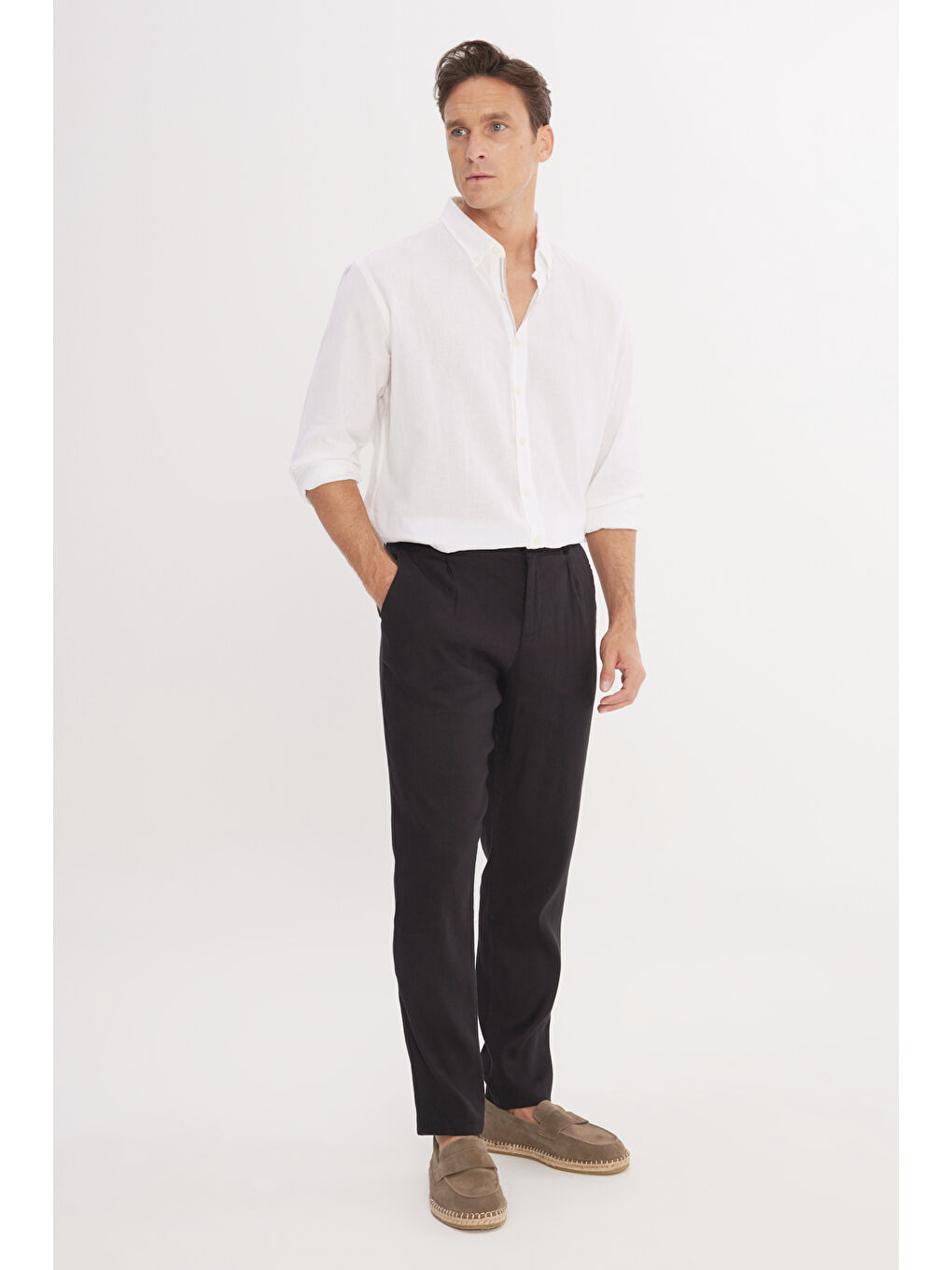 Erkek Siyah Keten Slim Fit Dar Kesim Beli Lastikli Yan Cepli Esnek Pantolon-1