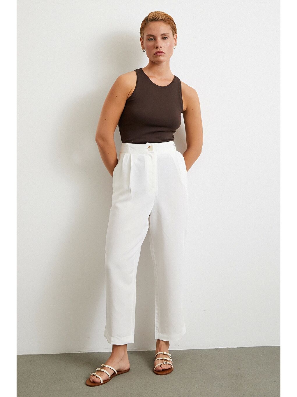 Ekru Çift Pileli Keten Pantolon Krem-2