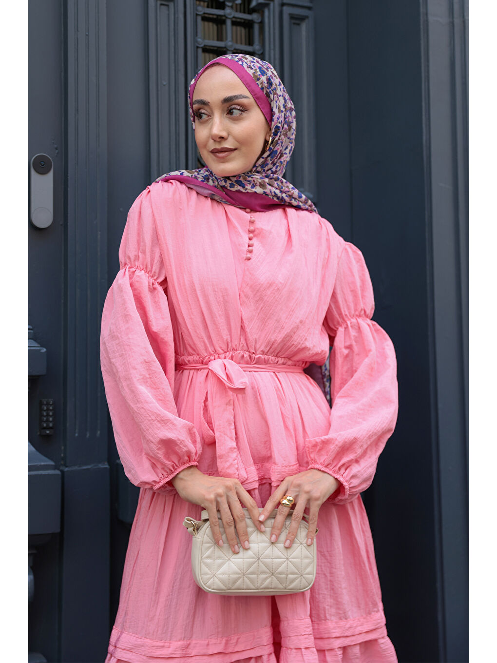 Kadın Kolu Lastik Detaylı Elbise Pembe-4