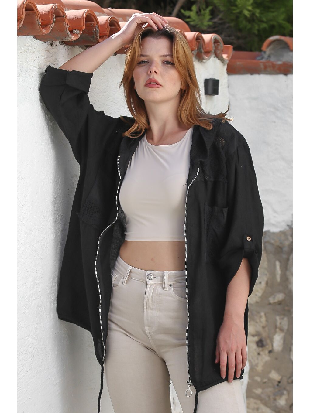 İtalyan Siyah Kapüşonlu Düğmeli Uzun Kollu Fermuarlı Cepli File Detaylı Keten Dokuma Ceket 75 65-3