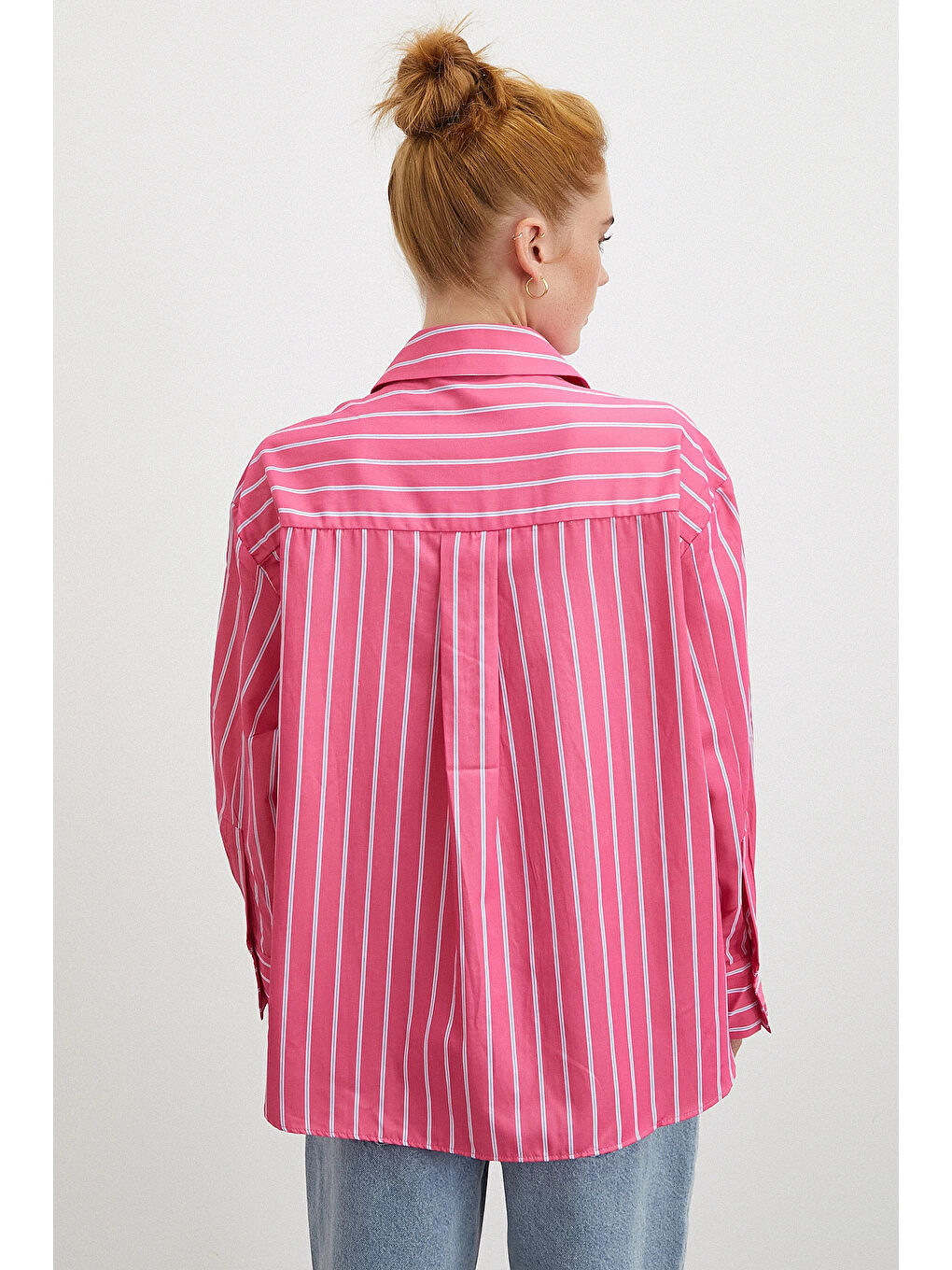Çizgili Poplin Gömlek Pembe-5