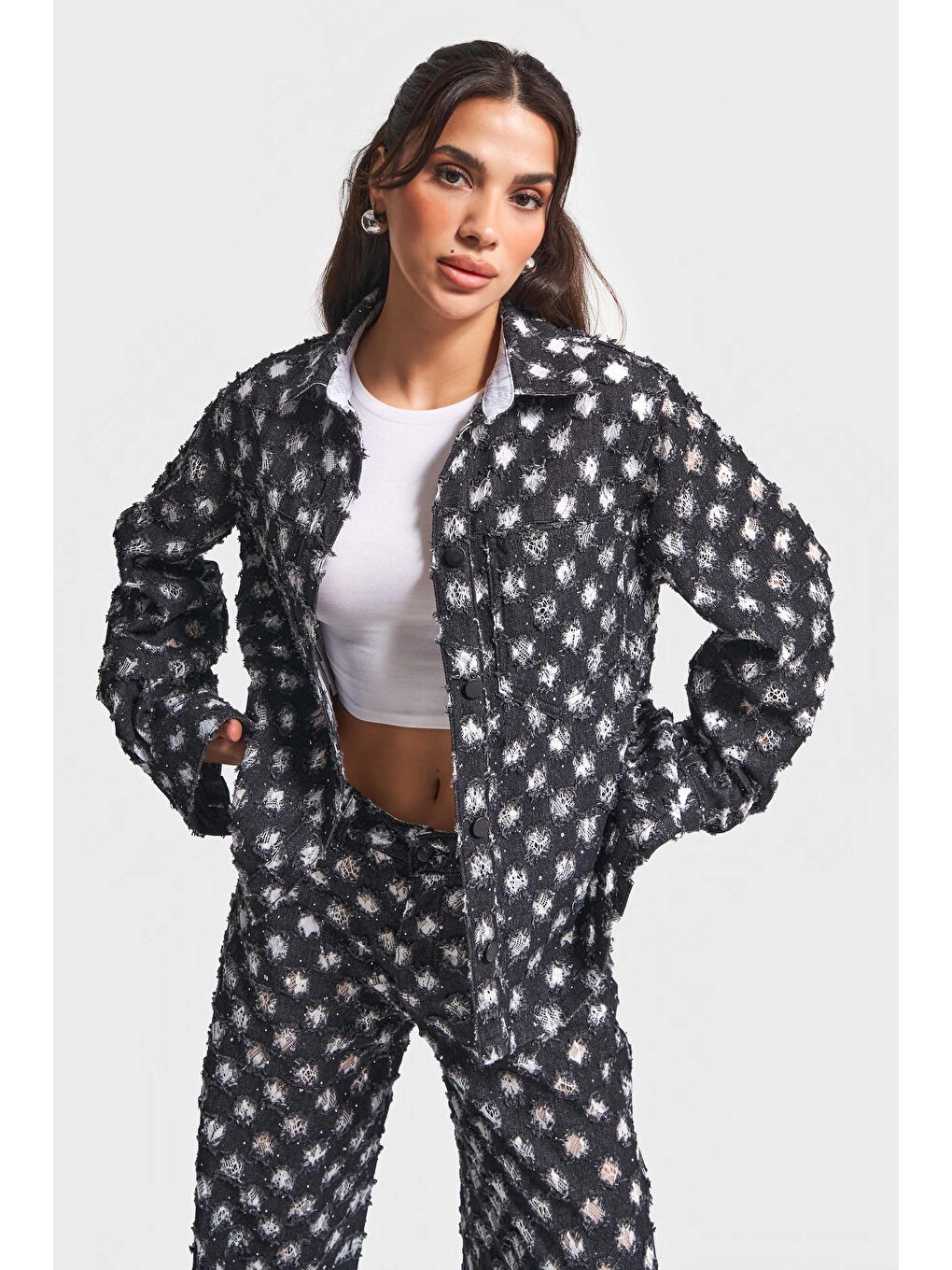 Kadın Antrasit 7w5-51 Oversize Özel Kumaş Tasarım Denim Ceket-4