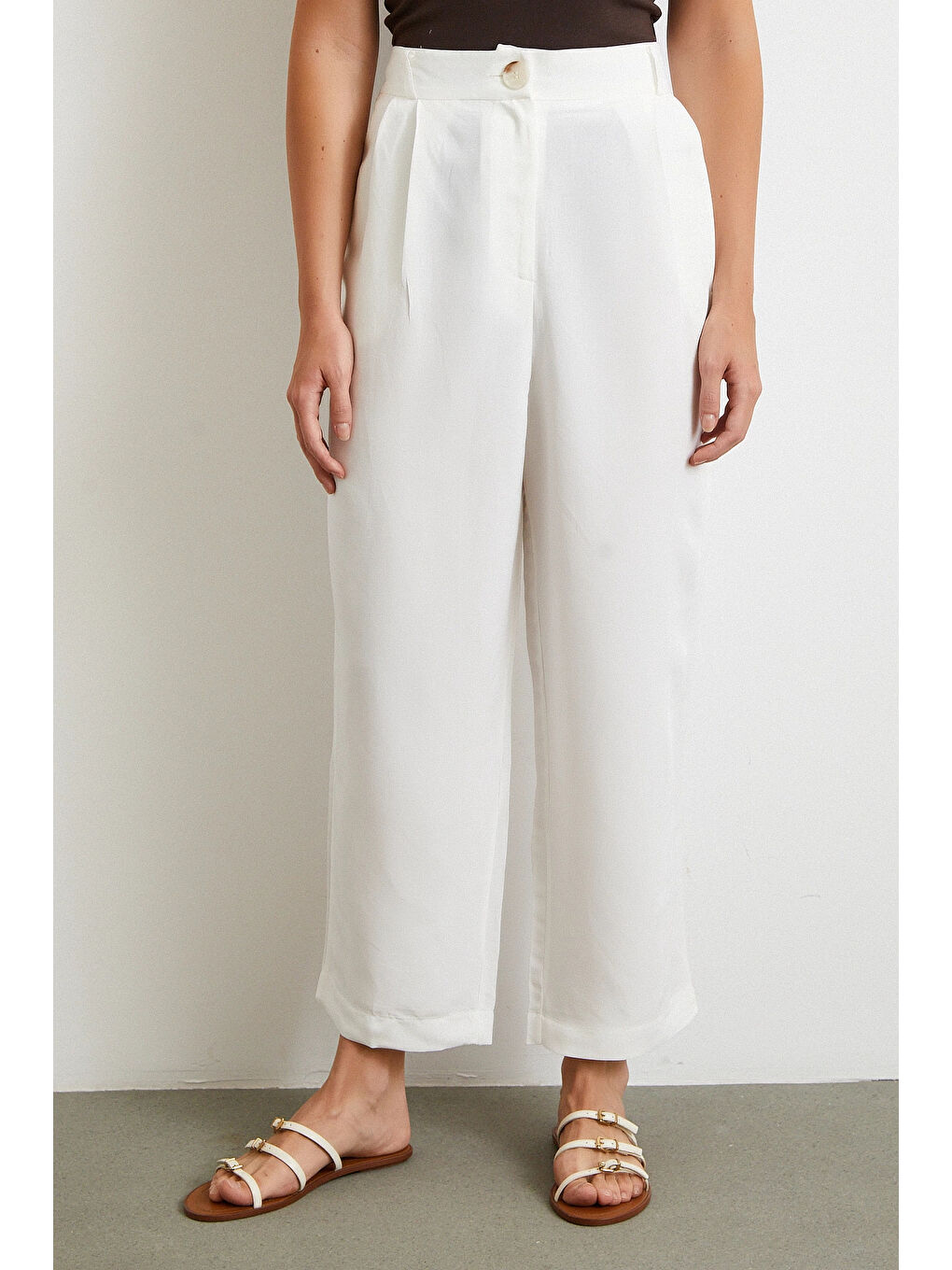 Ekru Çift Pileli Keten Pantolon Krem-3