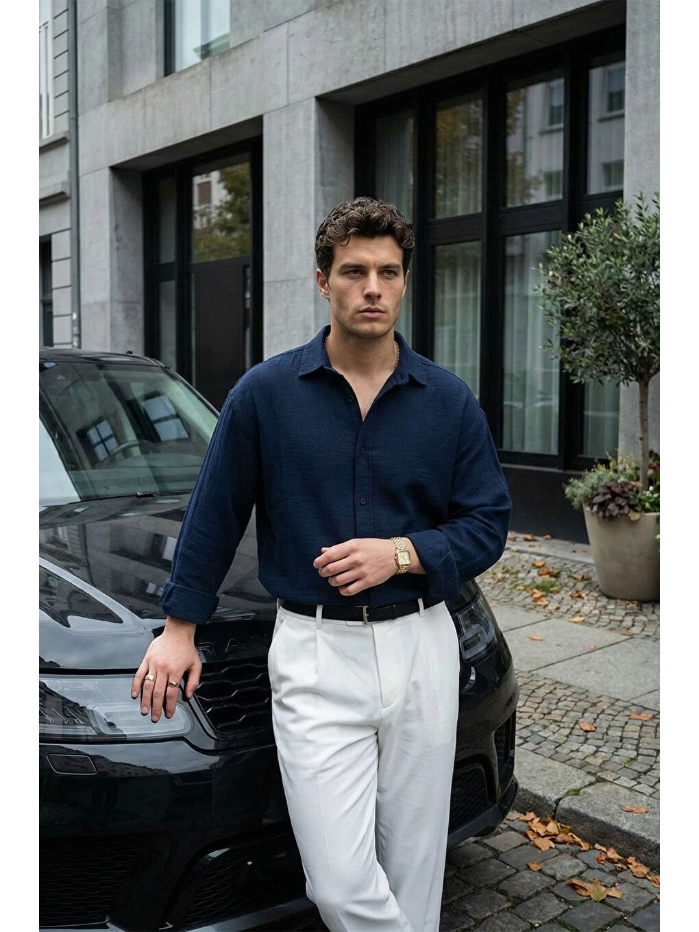 Lacivert Yurin Erkek Premium Müslin %100 Pamuk Oversize Uzun Kollu Gömlek-1