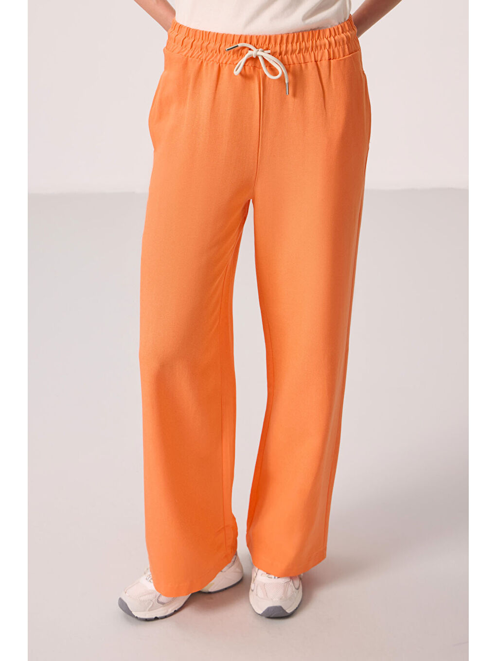 Turuncu Oranj Keten Geniş Paça Rahat Form Kadın Palazzo Pantolon - 94675-1