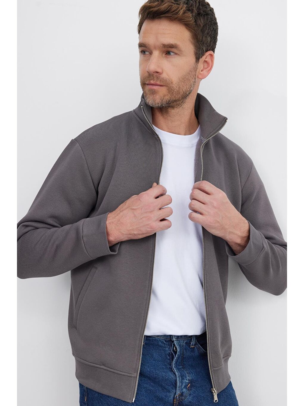 Unisex Relax Fit Rahat Kesim Pamuklu 3 İplik İçi Polarlı Fermuarlı Cepli Gri Sweatshirt Hırka