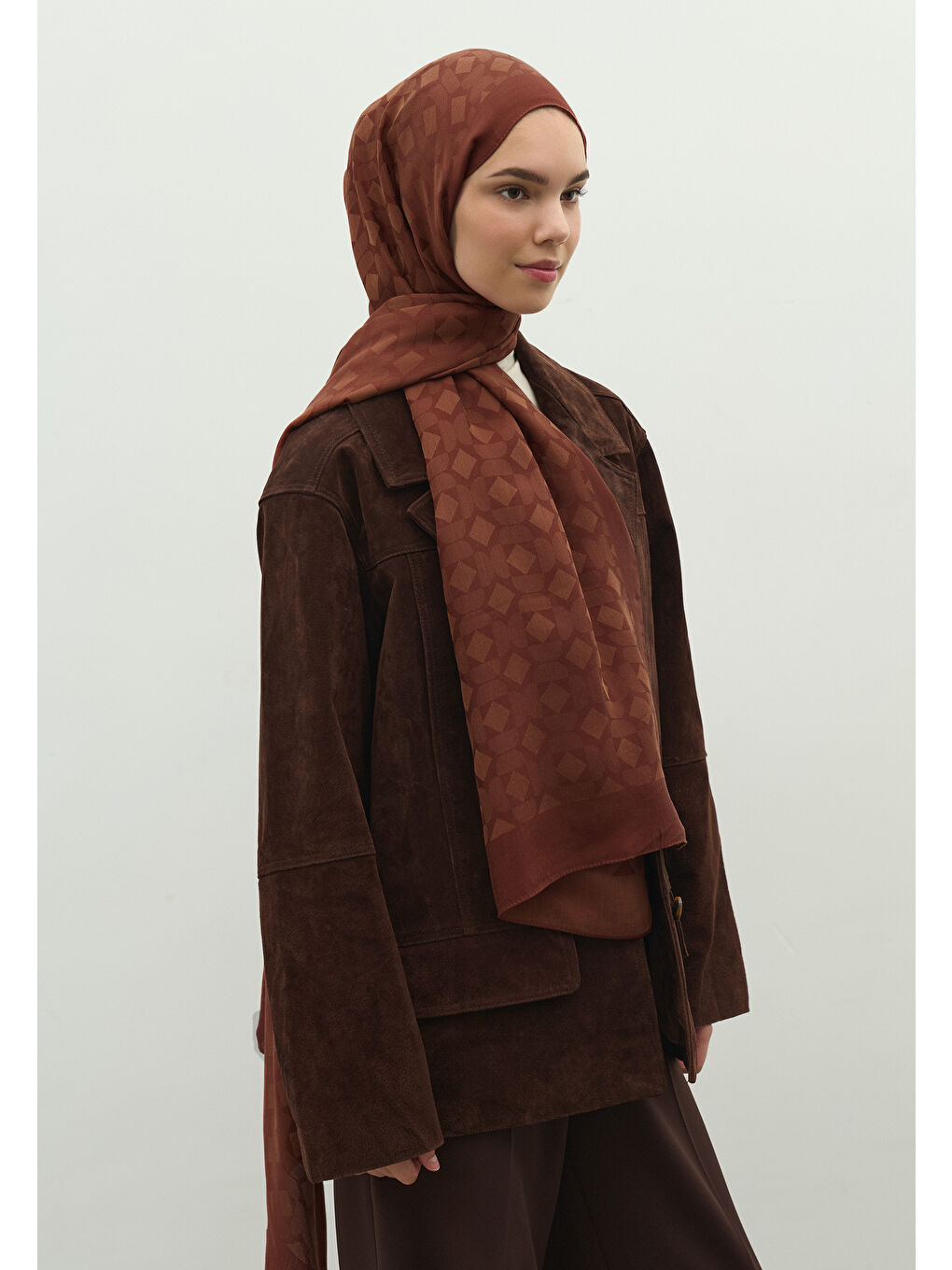 Kahverengi OSLO PAMUK FLOŞ JAKARLI ŞAL KİREMİT-1