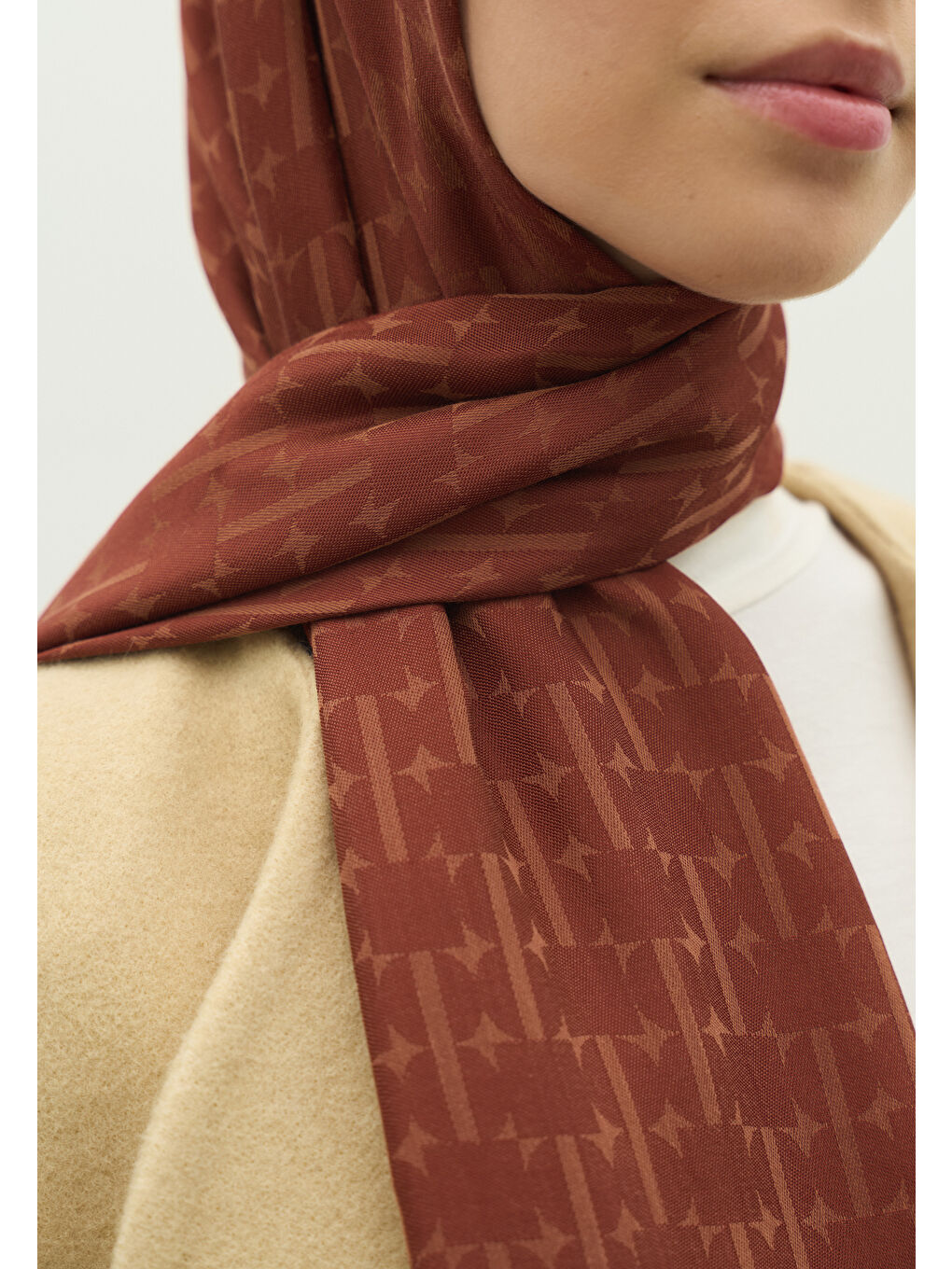 Turuncu MONOGRAM PAMUK FLOŞ JAKARLI ŞAL KİREMİT-3