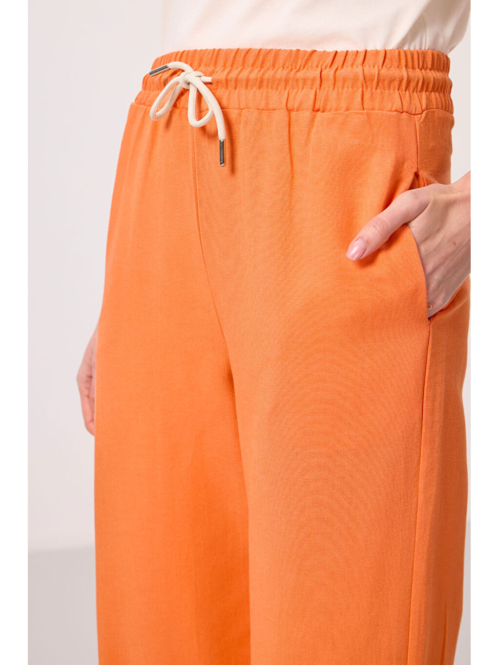 Turuncu Oranj Keten Geniş Paça Rahat Form Kadın Palazzo Pantolon - 94675-3