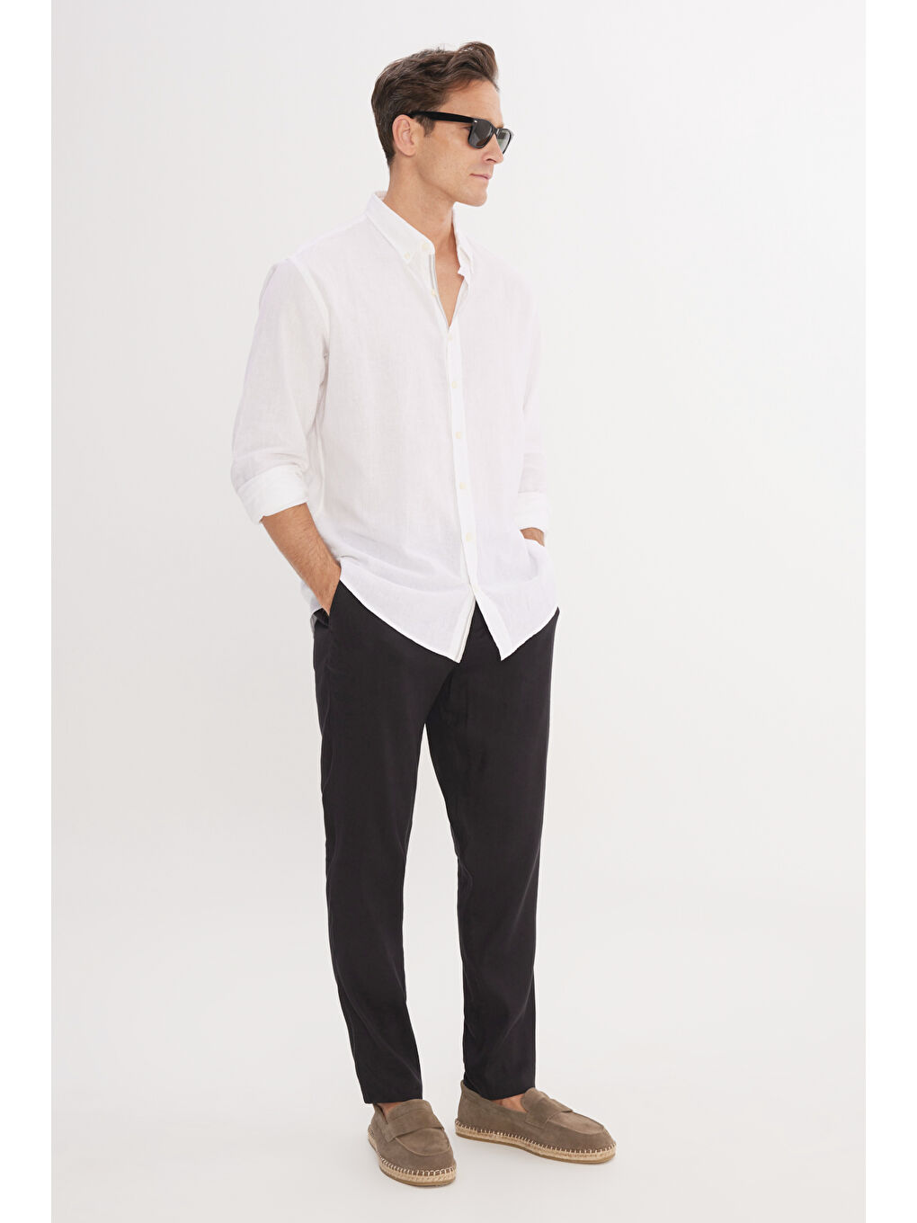 Erkek Siyah Keten Slim Fit Dar Kesim Beli Lastikli Yan Cepli Esnek Pantolon-2