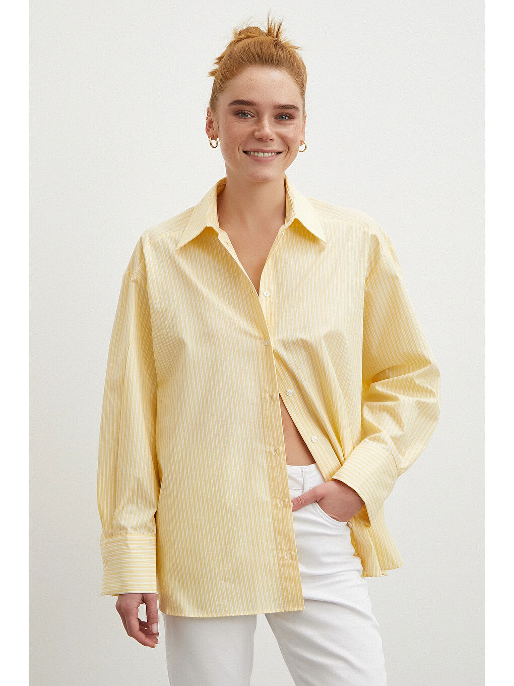Cepli Çizgili Poplin Gömlek Sarı-1