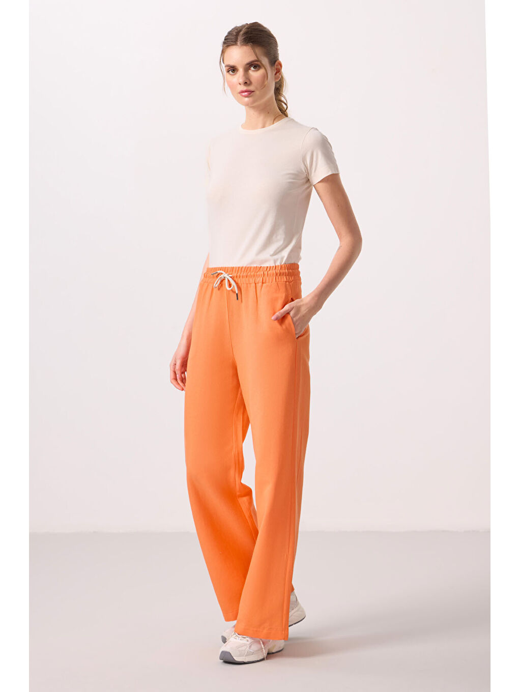 Turuncu Oranj Keten Geniş Paça Rahat Form Kadın Palazzo Pantolon - 94675-5