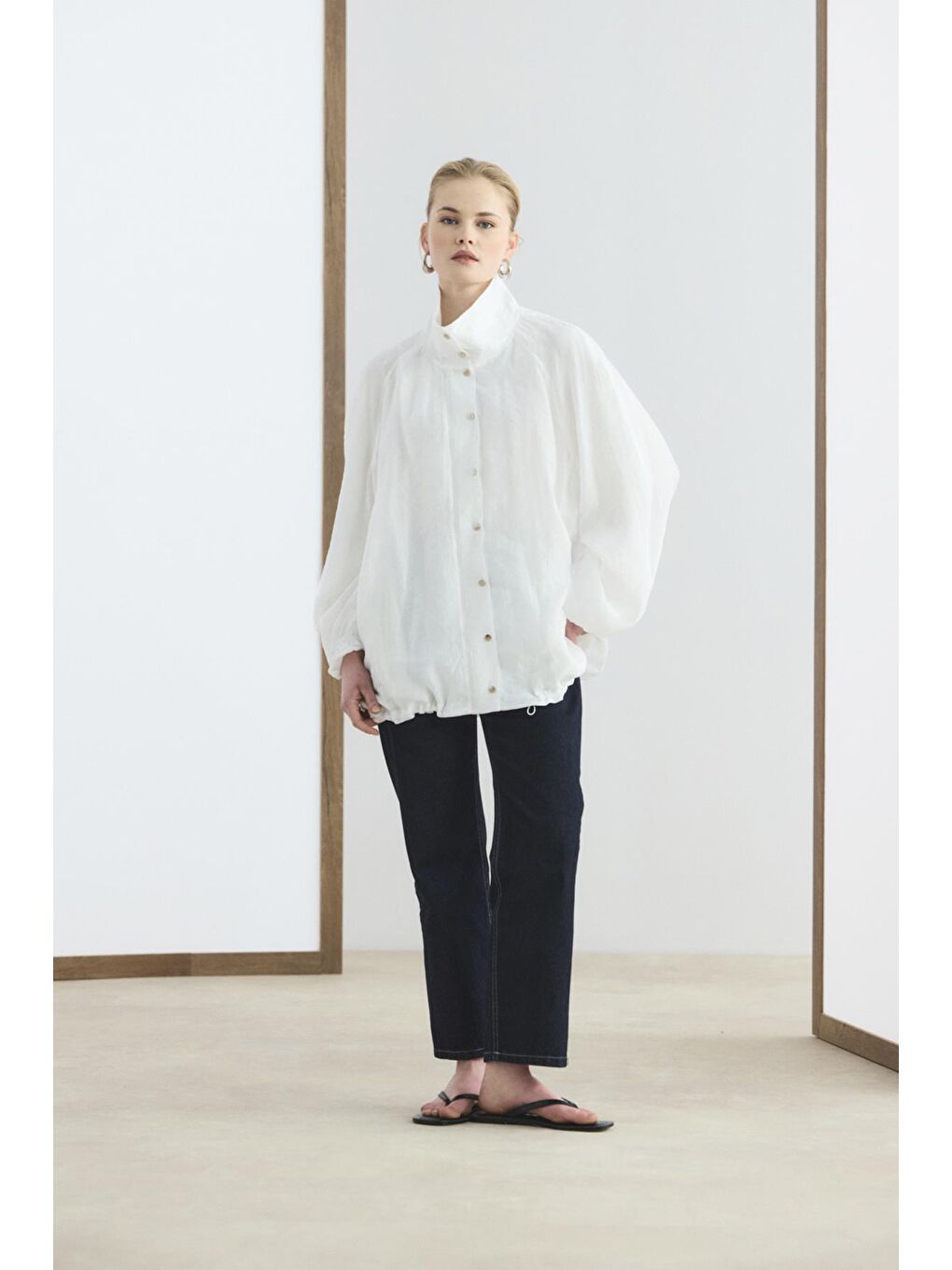 Dik Yaka Büzgülü Bomber Ceket Ekru-1