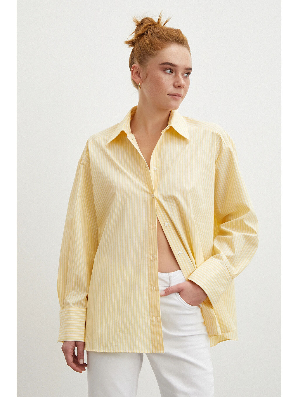 Cepli Çizgili Poplin Gömlek Sarı-2