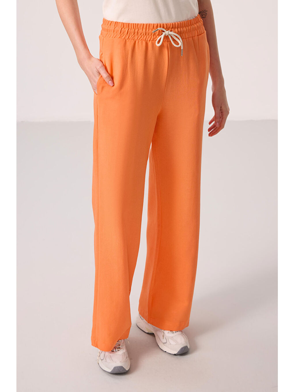 Turuncu Oranj Keten Geniş Paça Rahat Form Kadın Palazzo Pantolon - 94675-7