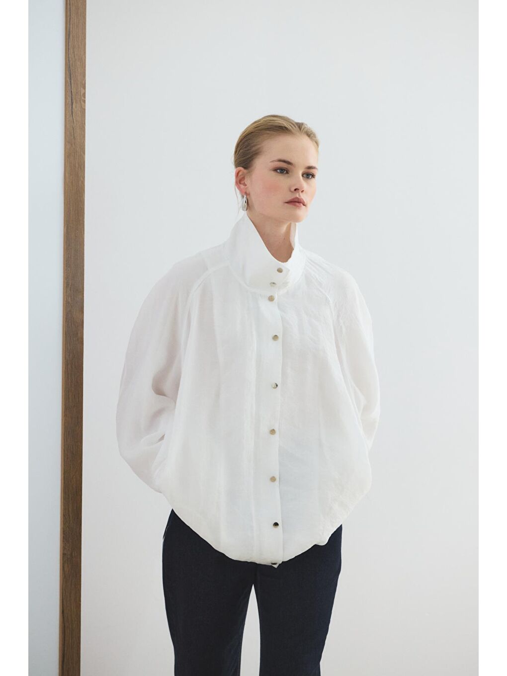 Dik Yaka Büzgülü Bomber Ceket Ekru-2