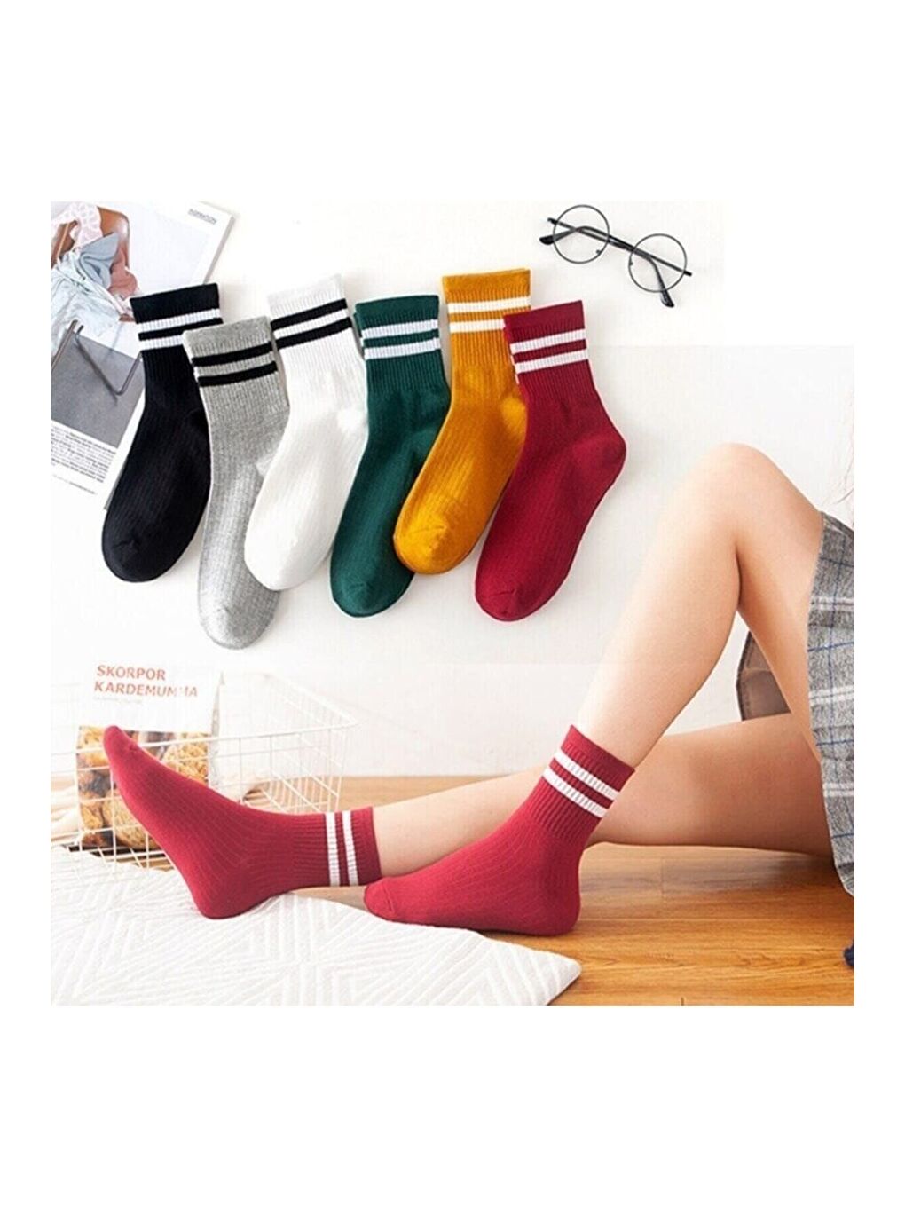 Karışık Unisex Çemberli Kolej Desen Çorap 6'lı-2
