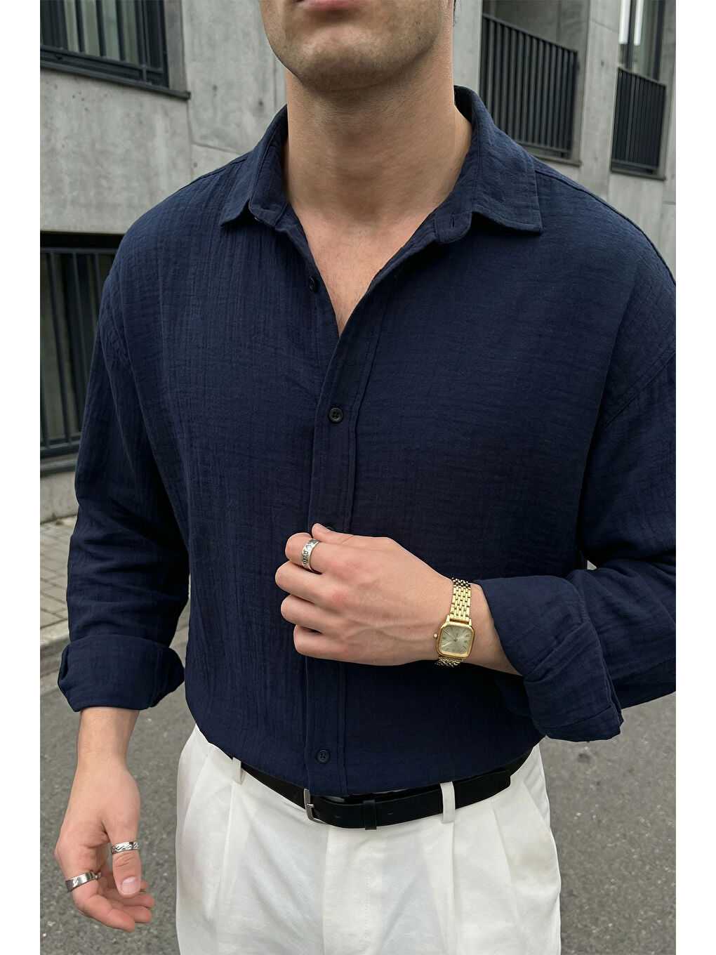 Lacivert Yurin Erkek Premium Müslin %100 Pamuk Oversize Uzun Kollu Gömlek-3