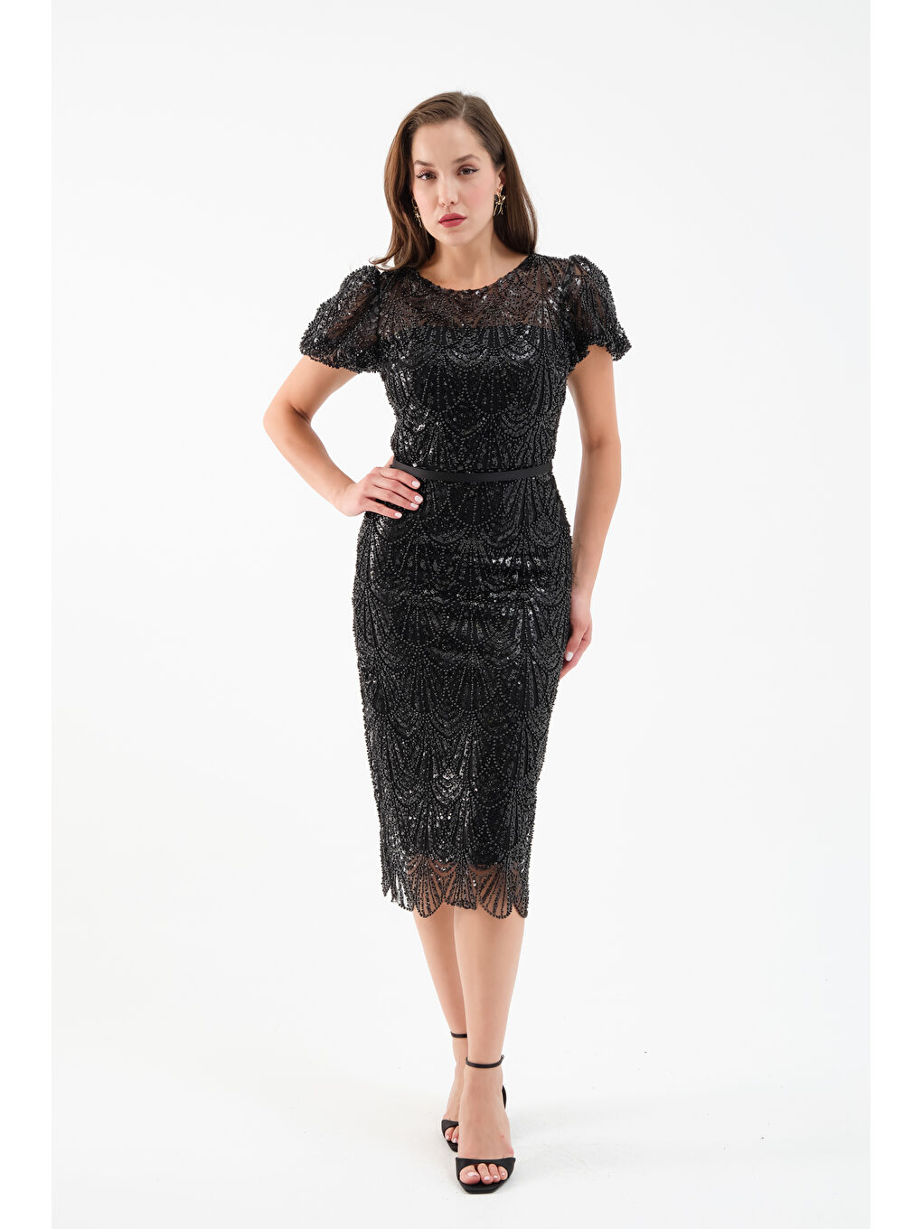 Kadın Siyah Boncuklu Midi Abiye Elbise-1