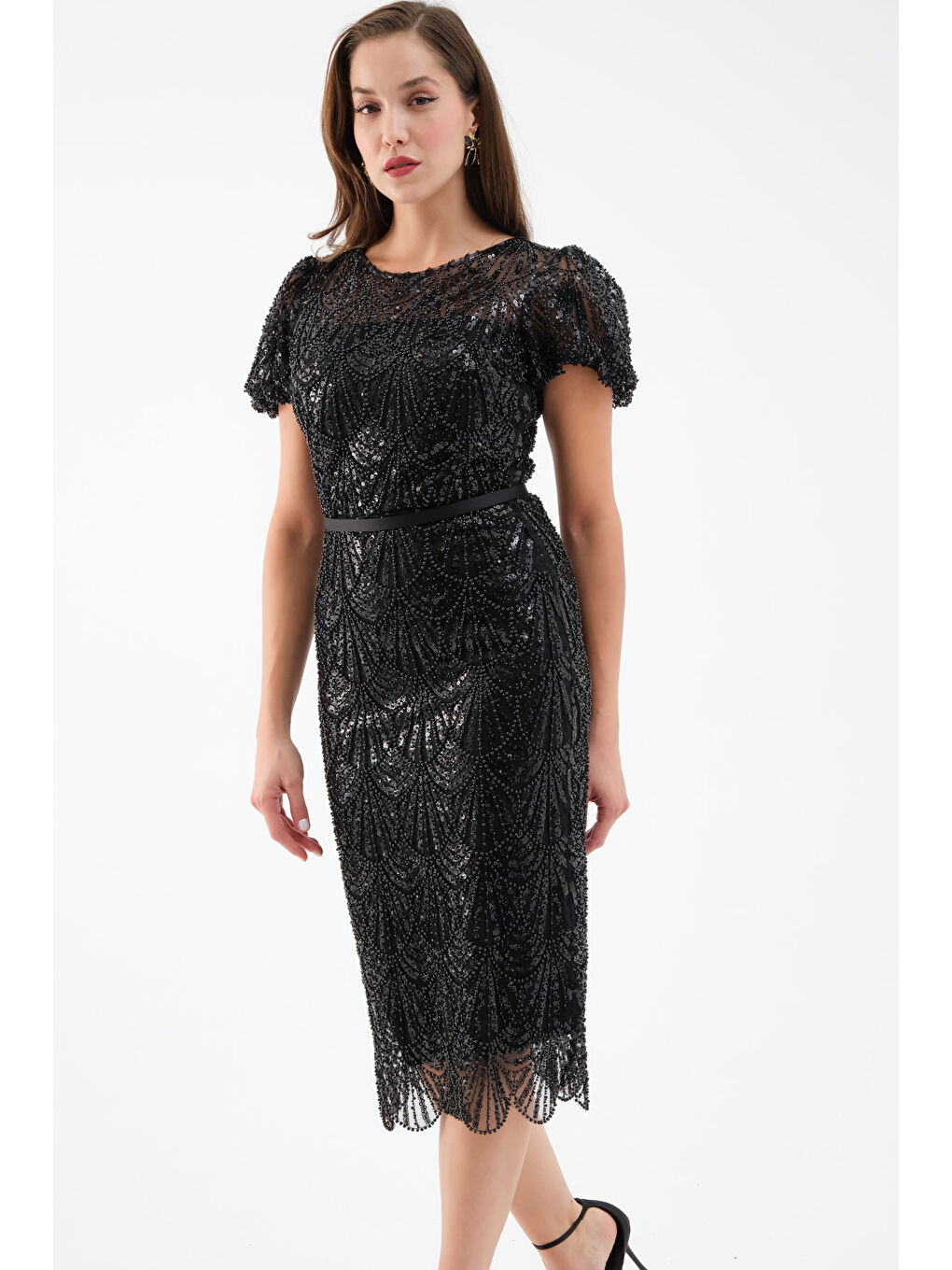 Kadın Siyah Boncuklu Midi Abiye Elbise-2
