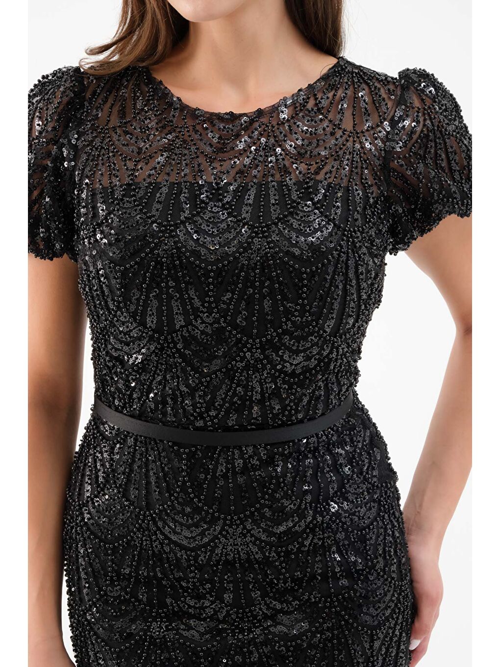 Kadın Siyah Boncuklu Midi Abiye Elbise-3