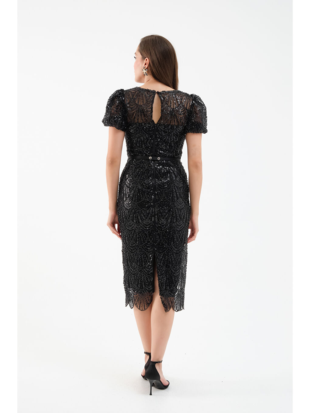 Kadın Siyah Boncuklu Midi Abiye Elbise-4