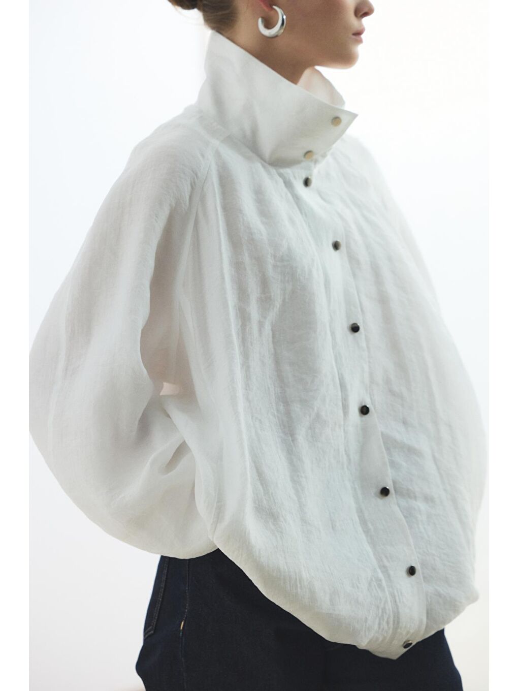 Dik Yaka Büzgülü Bomber Ceket Ekru-4