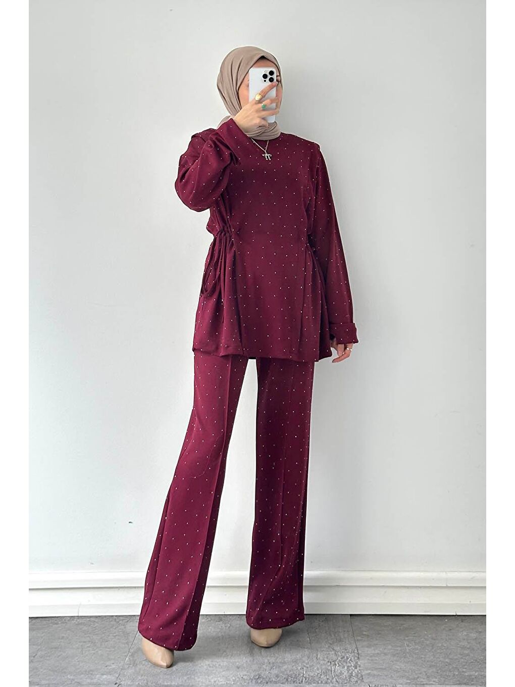 Tünel Detaylı Taşlı Takım Bordo-1