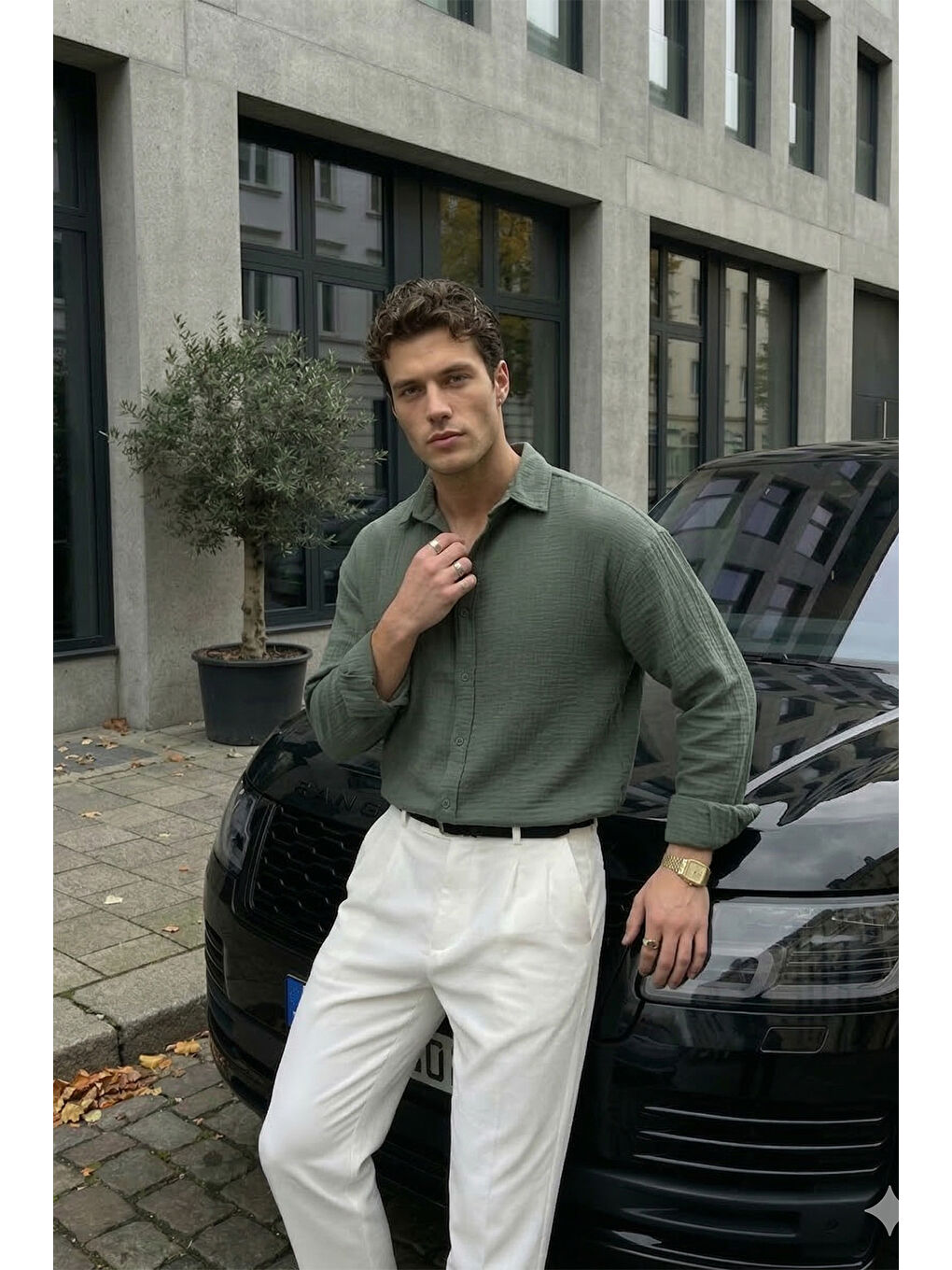 Yeşil Yurin Erkek Premium Müslin %100 Pamuk Oversize Uzun Kollu Gömlek-6