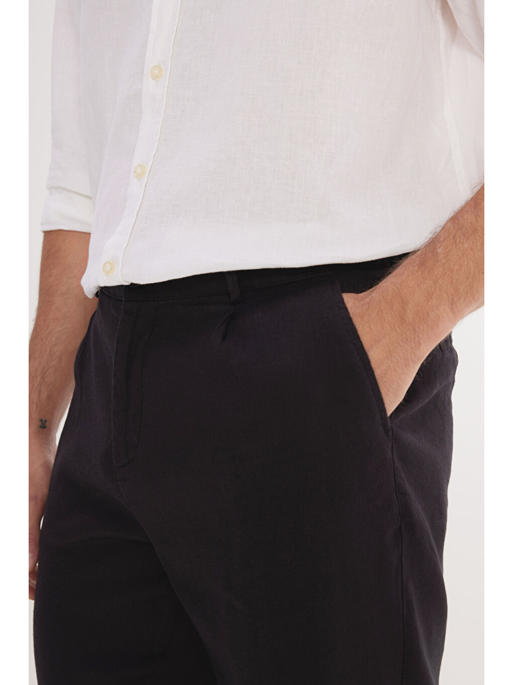 Erkek Siyah Keten Slim Fit Dar Kesim Beli Lastikli Yan Cepli Esnek Pantolon-3