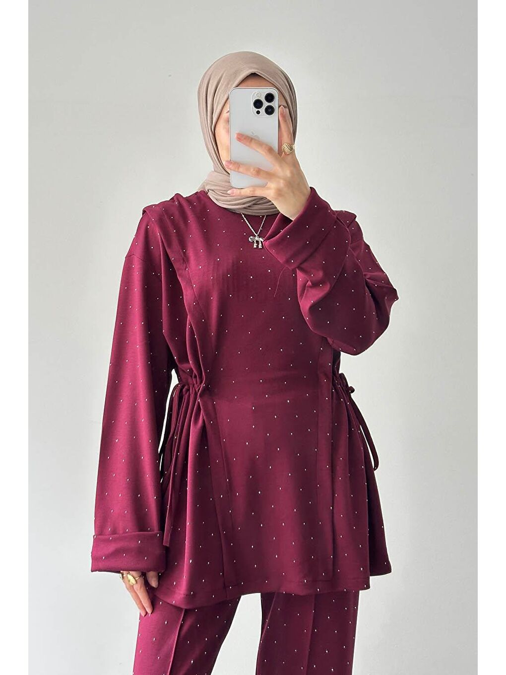 Tünel Detaylı Taşlı Takım Bordo-2