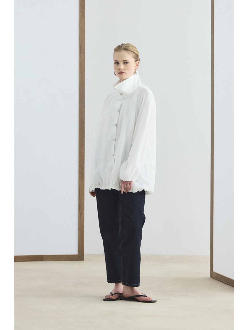 Dik Yaka Büzgülü Bomber Ceket Ekru-5