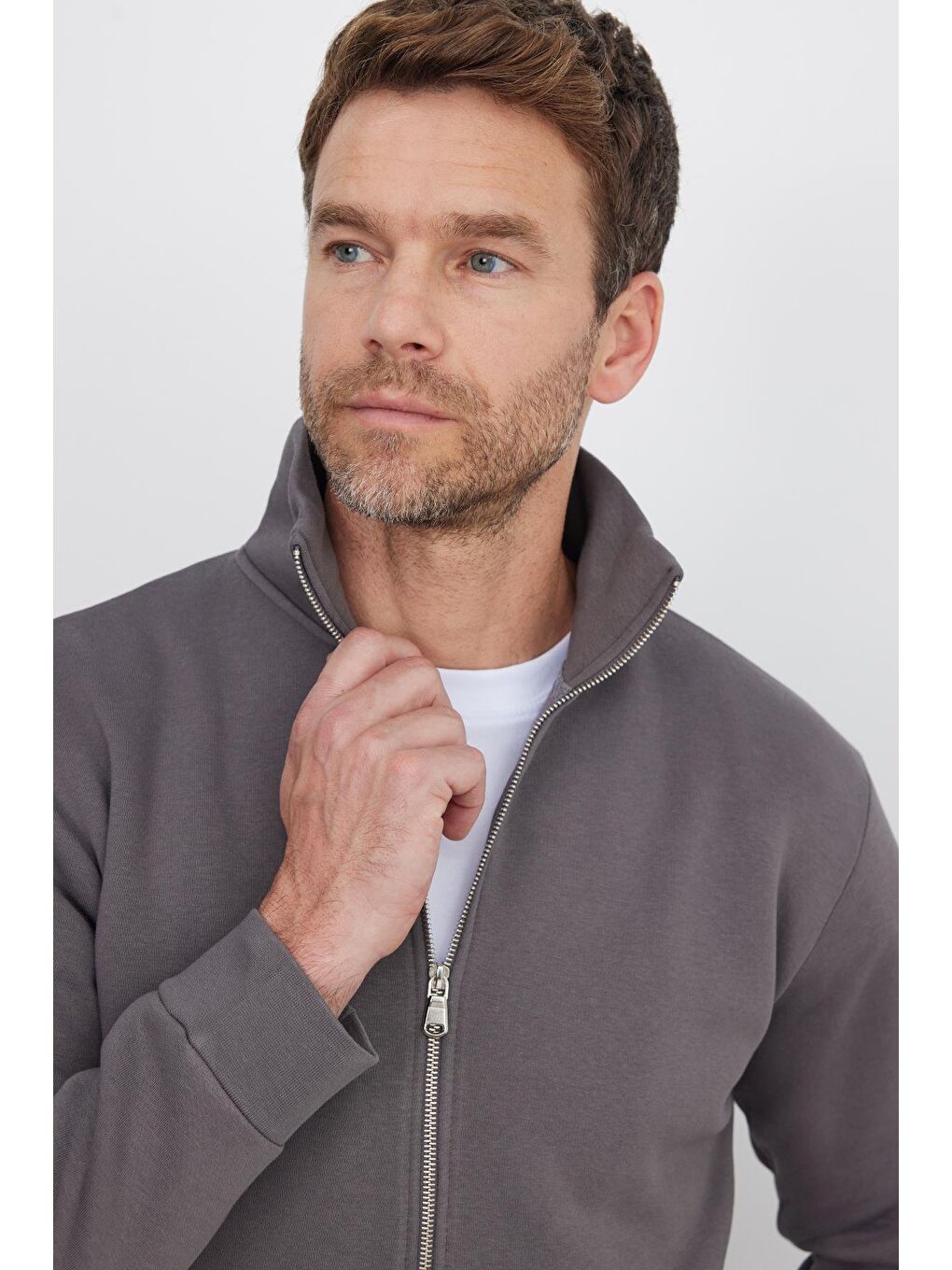 Unisex Relax Fit Rahat Kesim Pamuklu 3 İplik İçi Polarlı Fermuarlı Cepli Gri Sweatshirt Hırka-1