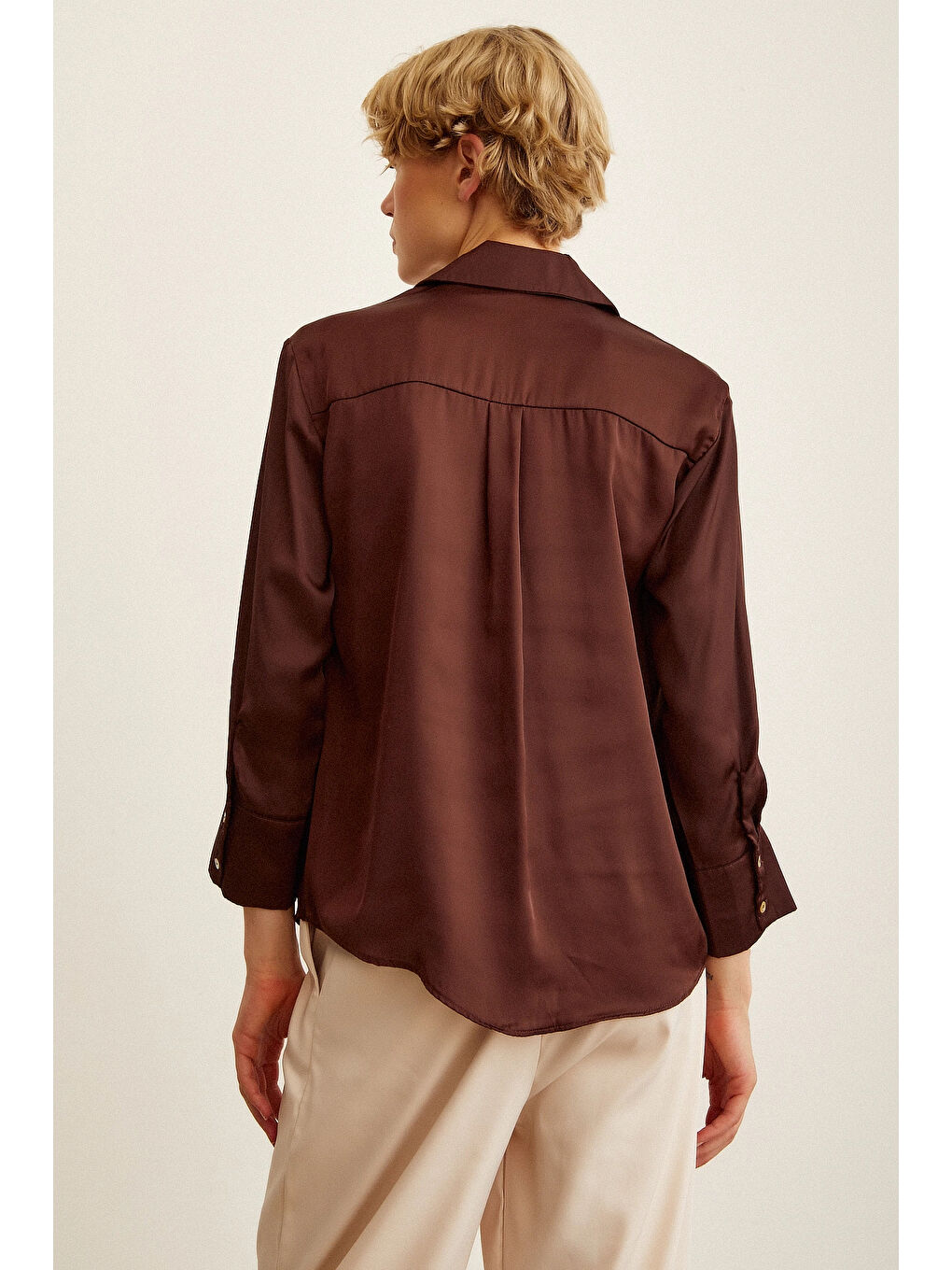 Karışık Basic Saten Gömlek Kahve-1
