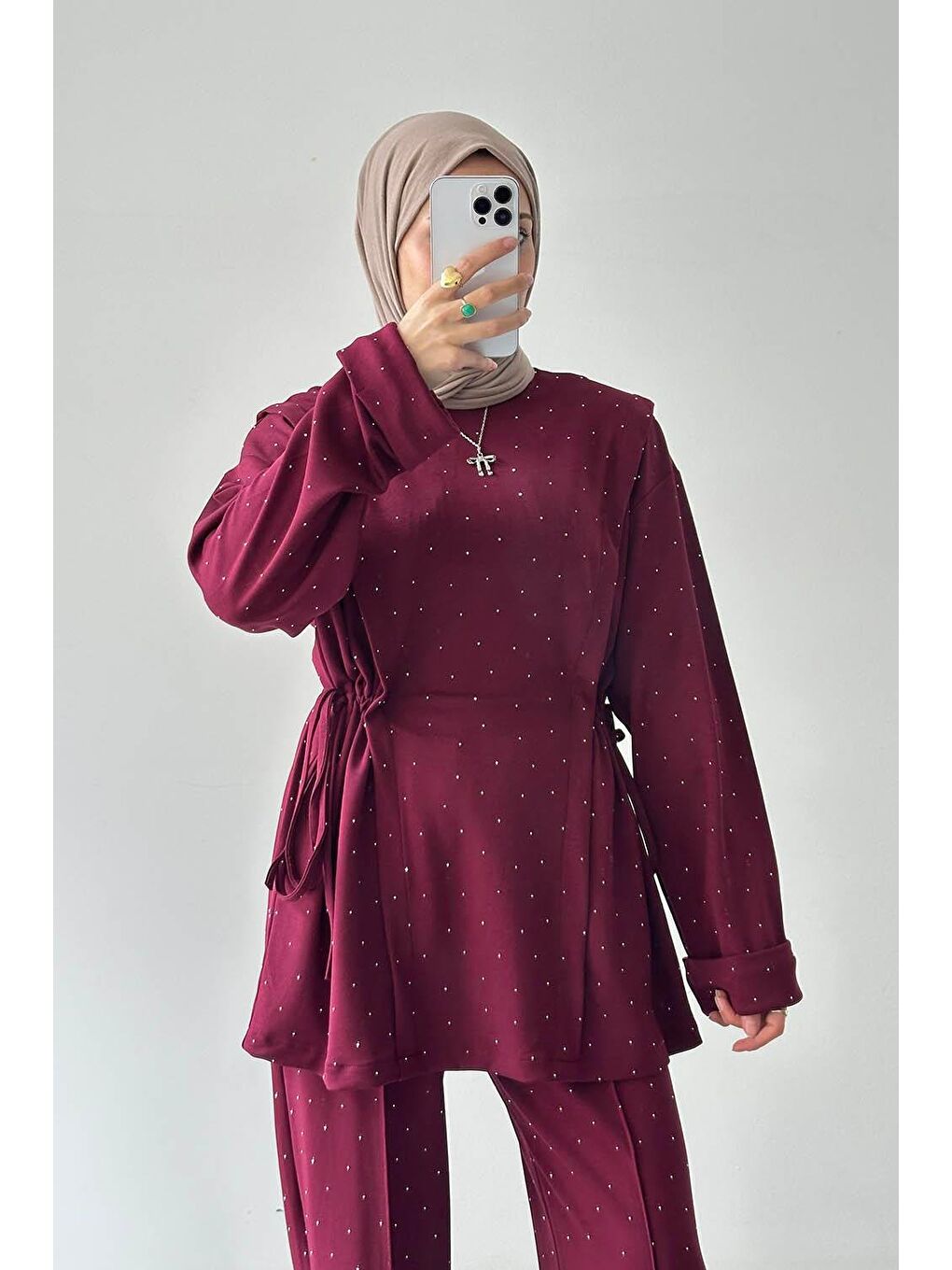 Tünel Detaylı Taşlı Takım Bordo-3