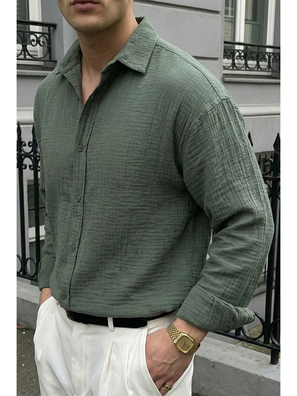Yeşil Yurin Erkek Premium Müslin %100 Pamuk Oversize Uzun Kollu Gömlek-7