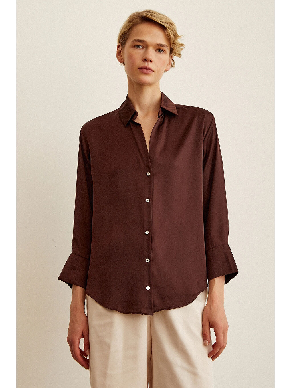Karışık Basic Saten Gömlek Kahve