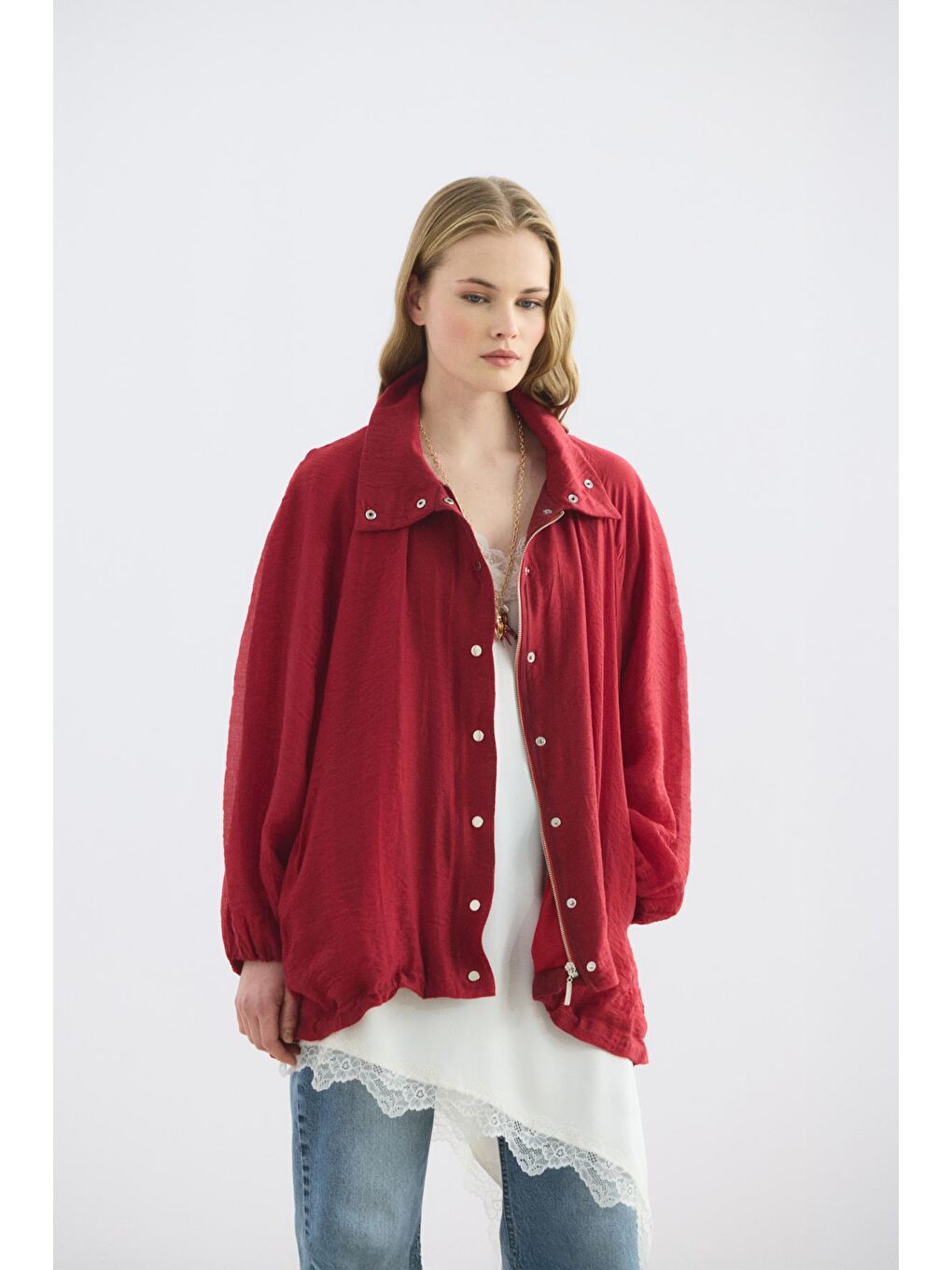 Dik Yaka Büzgülü Bomber Ceket Kırmızı