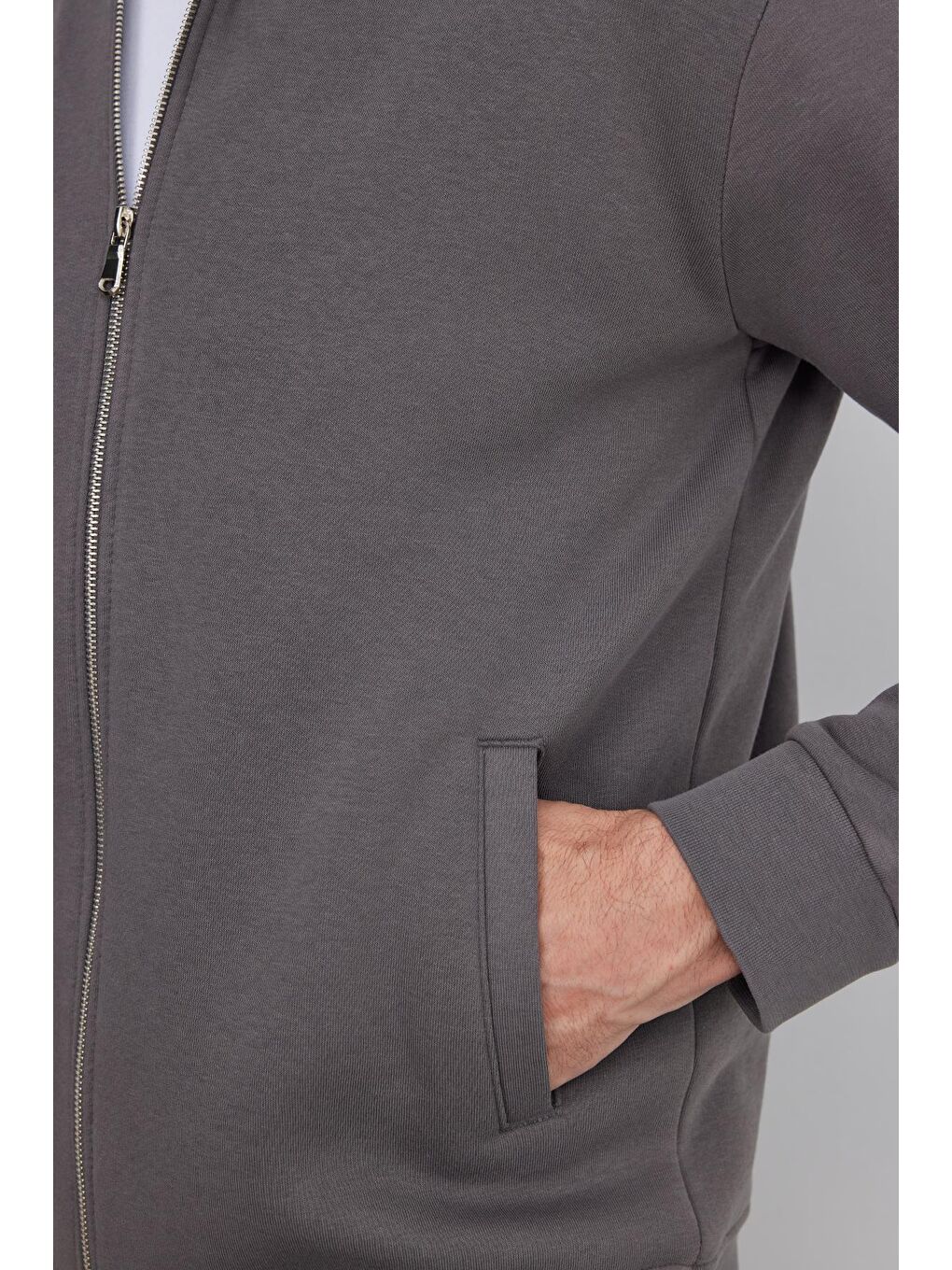 Unisex Relax Fit Rahat Kesim Pamuklu 3 İplik İçi Polarlı Fermuarlı Cepli Gri Sweatshirt Hırka-2