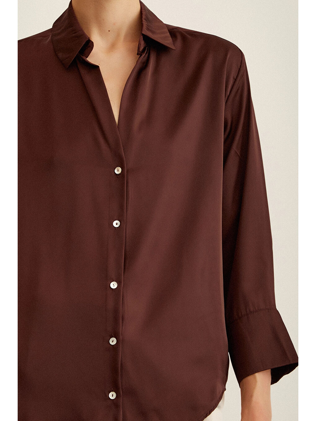 Karışık Basic Saten Gömlek Kahve-2