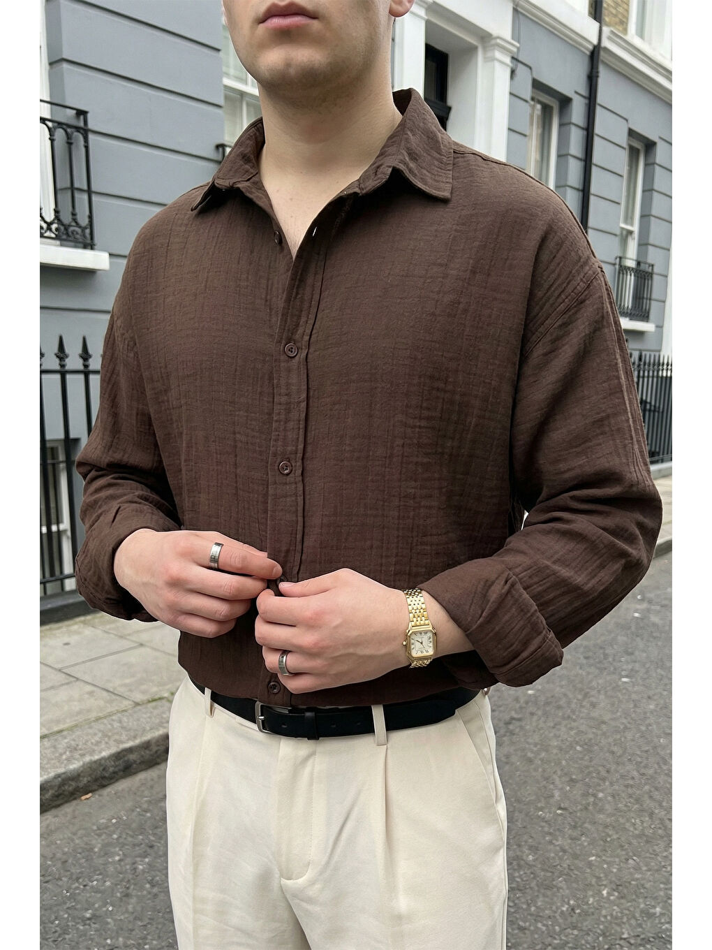 Kahverengi Yurin Erkek Premium Müslin %100 Pamuk Oversize Uzun Kollu Gömlek-1