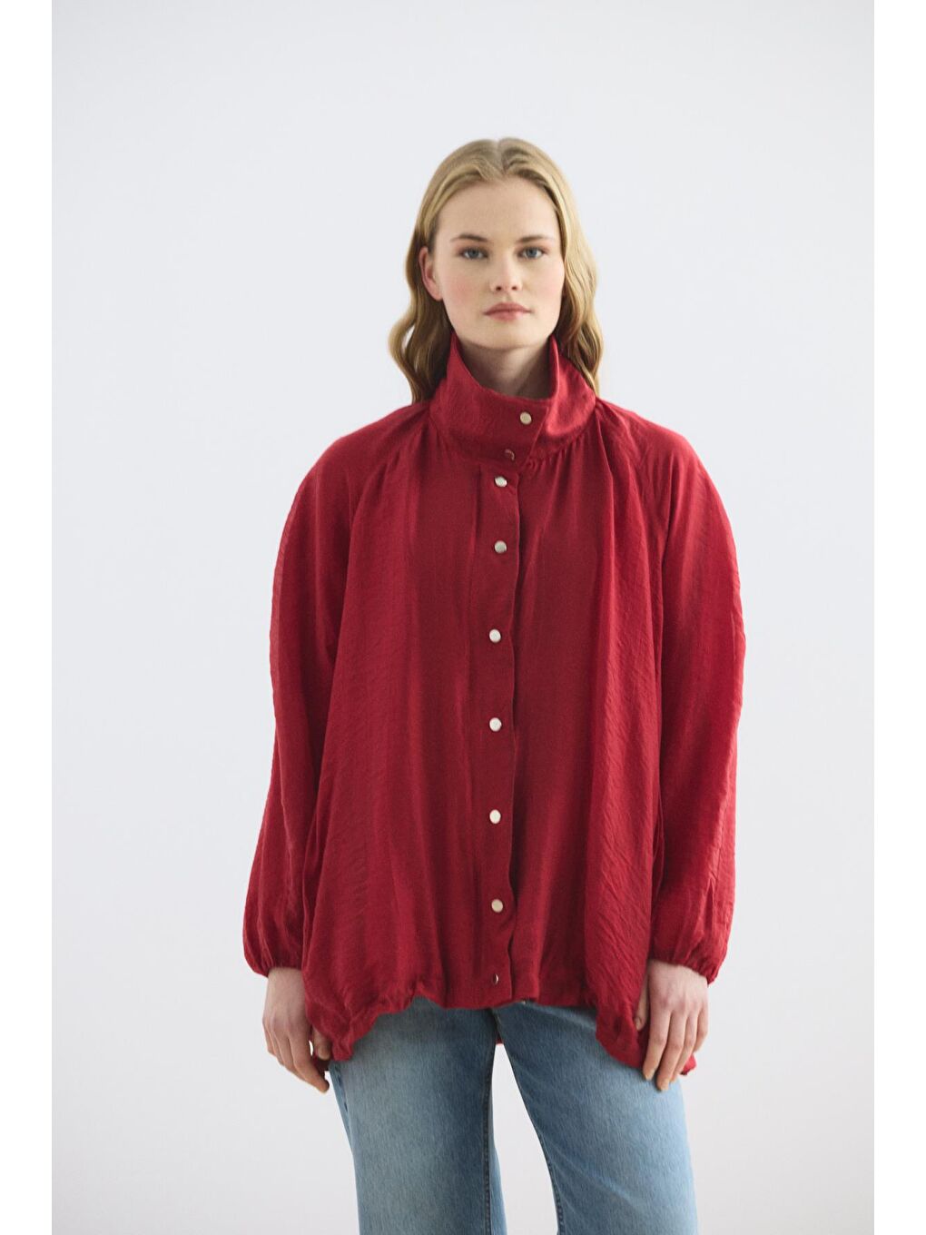 Dik Yaka Büzgülü Bomber Ceket Kırmızı-1