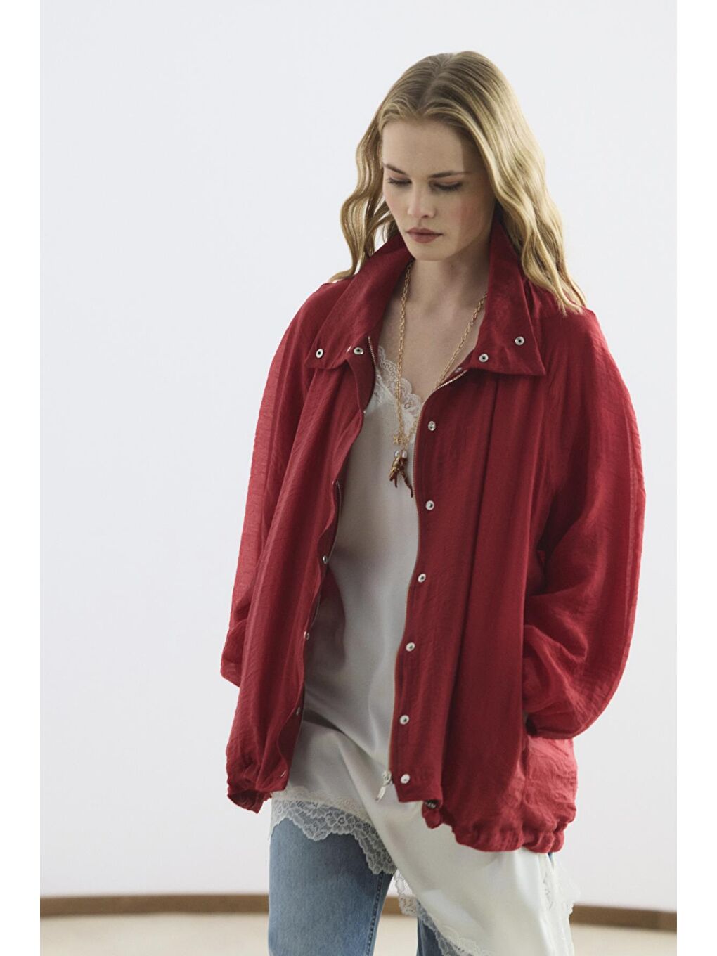 Dik Yaka Büzgülü Bomber Ceket Kırmızı-2