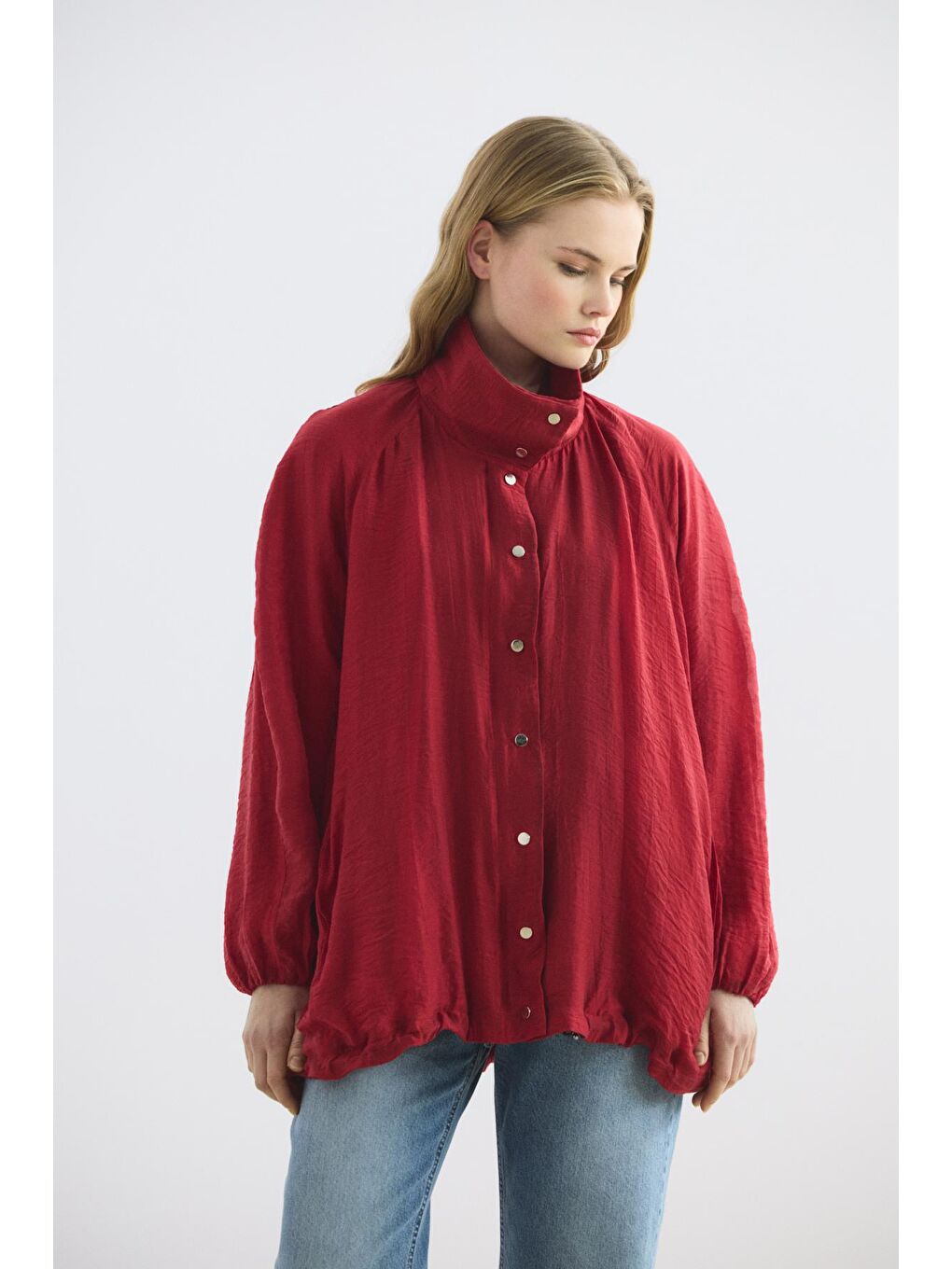 Dik Yaka Büzgülü Bomber Ceket Kırmızı-3