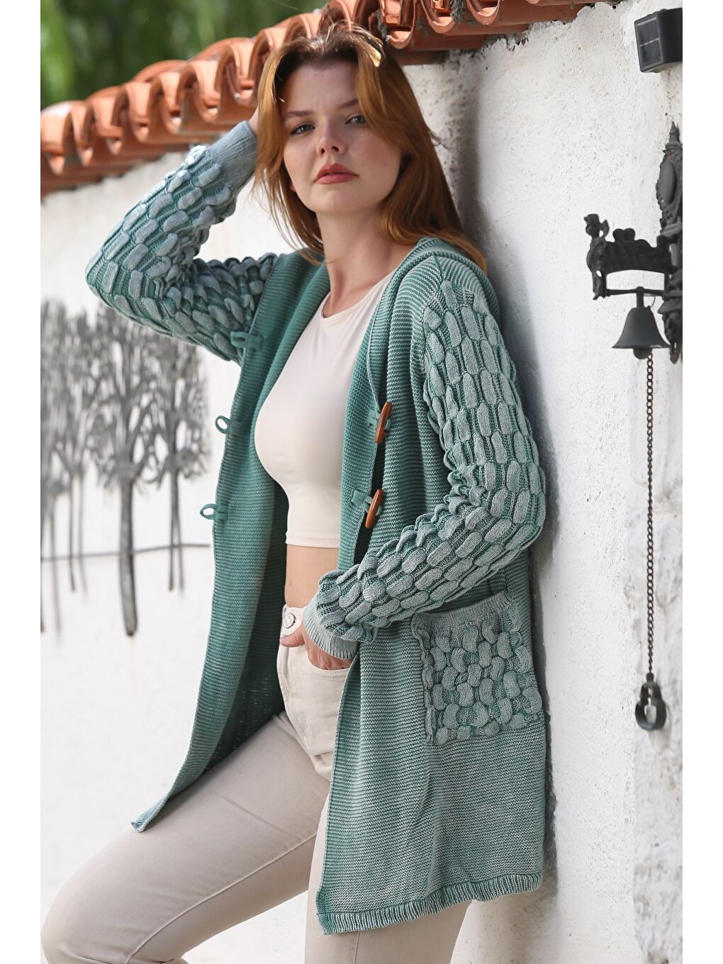 Yeşil Mint Kapüşonlu Uzun Kol Düğmeli Cepli Yıkamalı Casual Ajur Örgü Triko Ceket 82 72-4